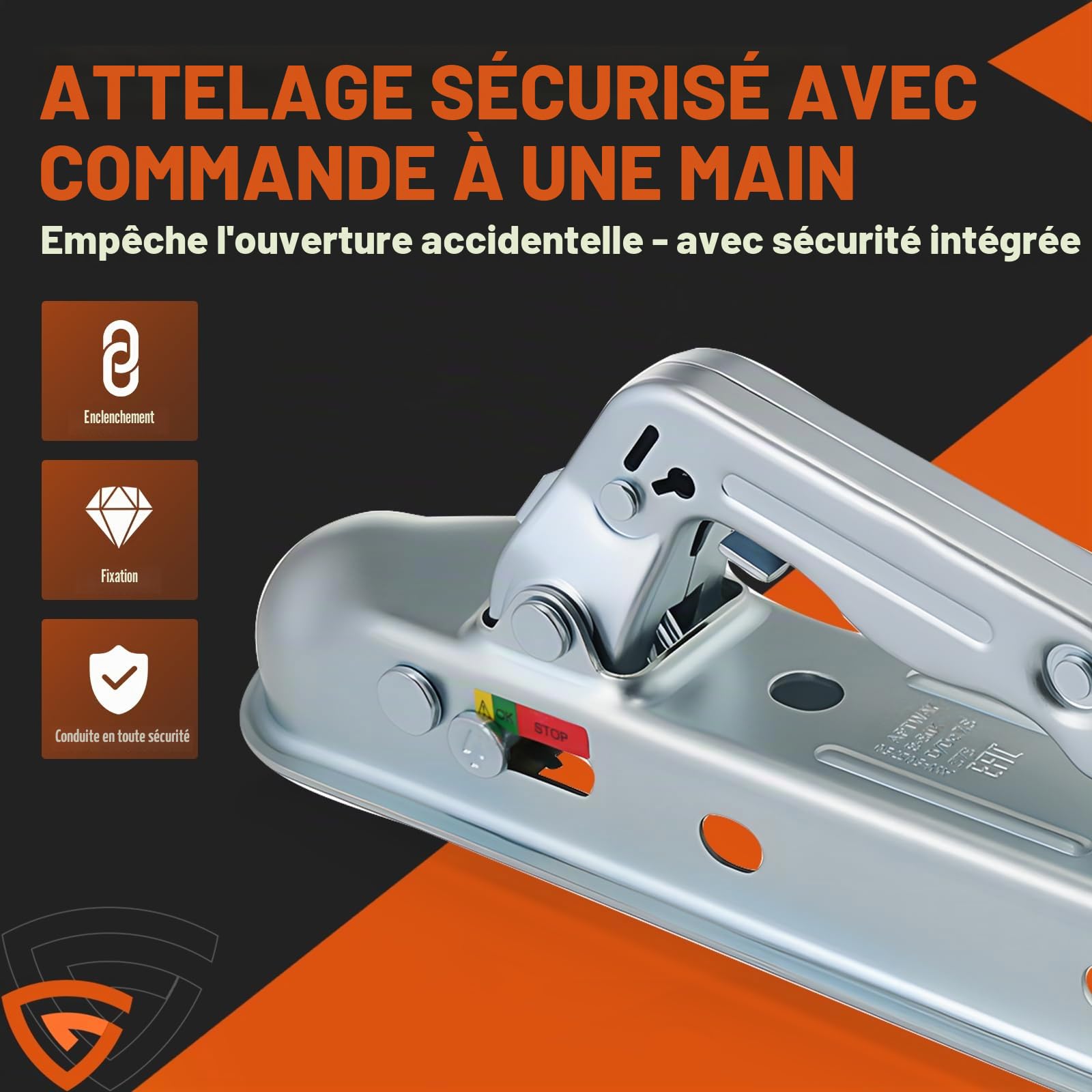 GEARMONSTER Attache de remorque 800 kg, tête d'attelage carrée, 50 mm, boule universelle, attelage de remorque WW8-G