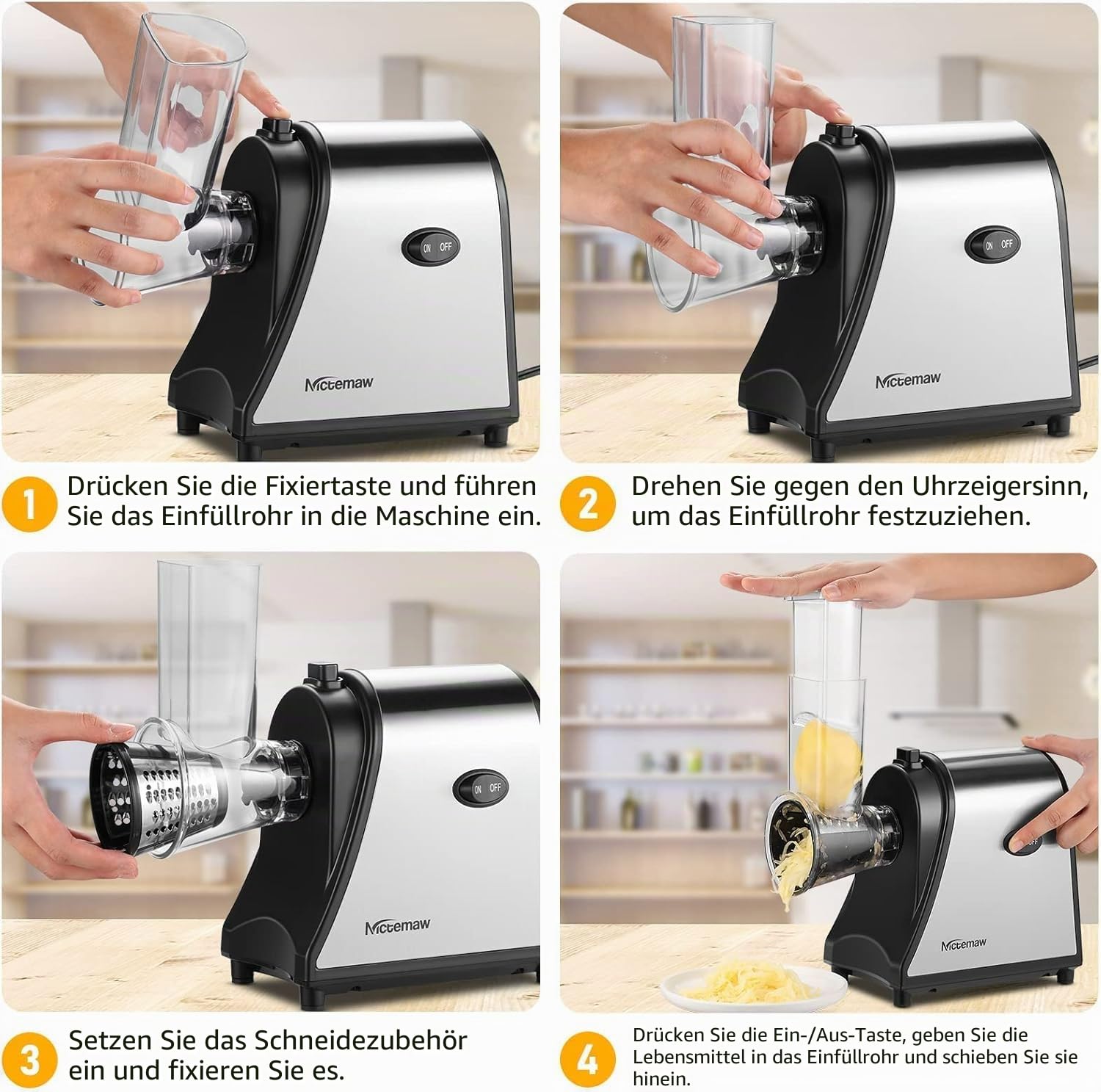Gemüseschneider Elektrisch 250W Professional, 5-in-1 Küchenreibe mit 5 Klingen für Käse Kartoffeln Karotten, Gemüsehobel Edelstahl