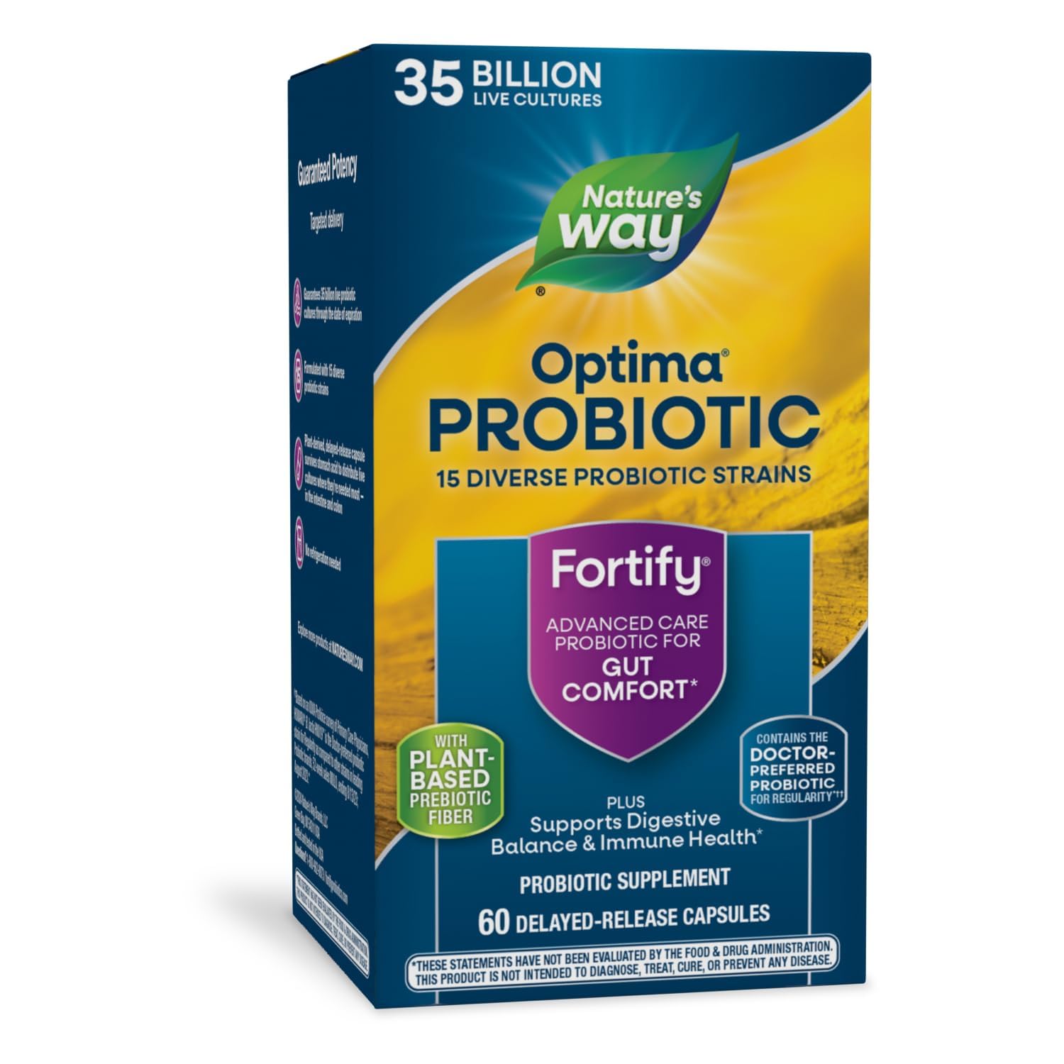 Nature's Way Fortify Optima Probiotic for Adults, 35 Billion Live Cultures, 15 Strains, Supports Digestive Balance and Immune Health, No Refrigeration Required, 60 Capsules (Packaging May Vary)