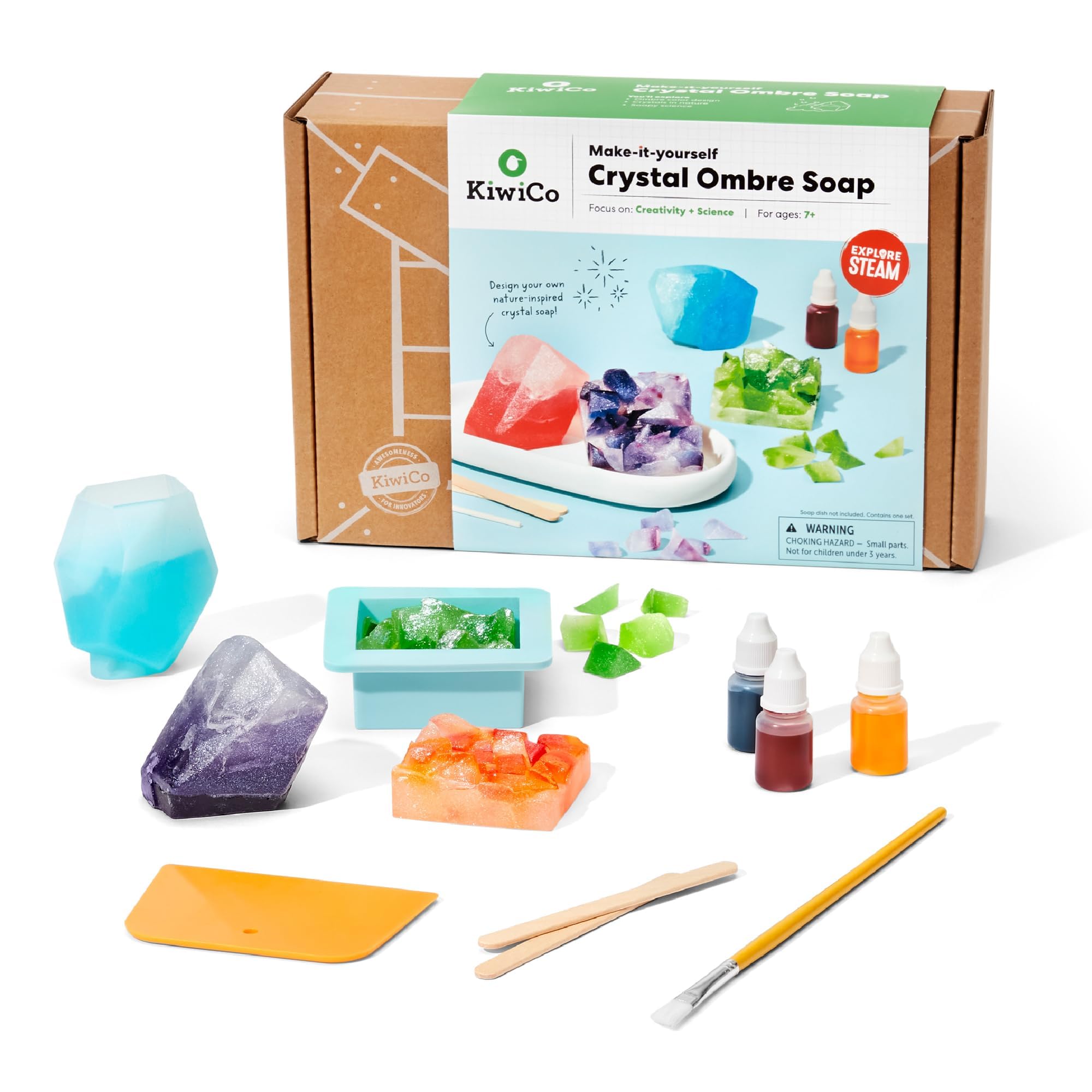 KiwiCo Crystal Geode Soapmaking Kit | Complete Set Includes Beaker, Clear Soap, Molds, Mixing Sticks, Mica Powder, Liquid Colors & More | DIY Soap Making Kit for Kids Ages 7+