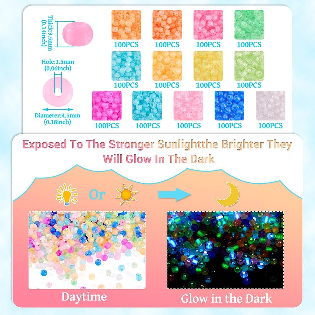 FASHEWELRY 1300Pcs 4mm Glass Seed Beads Glow in The Dark 6/0 Rondelle Frosted Embroider Beads Mini Loose Bead Spacers Bulk for Bracelet Earring Necklace Jewelry Making Supplies - Image 2