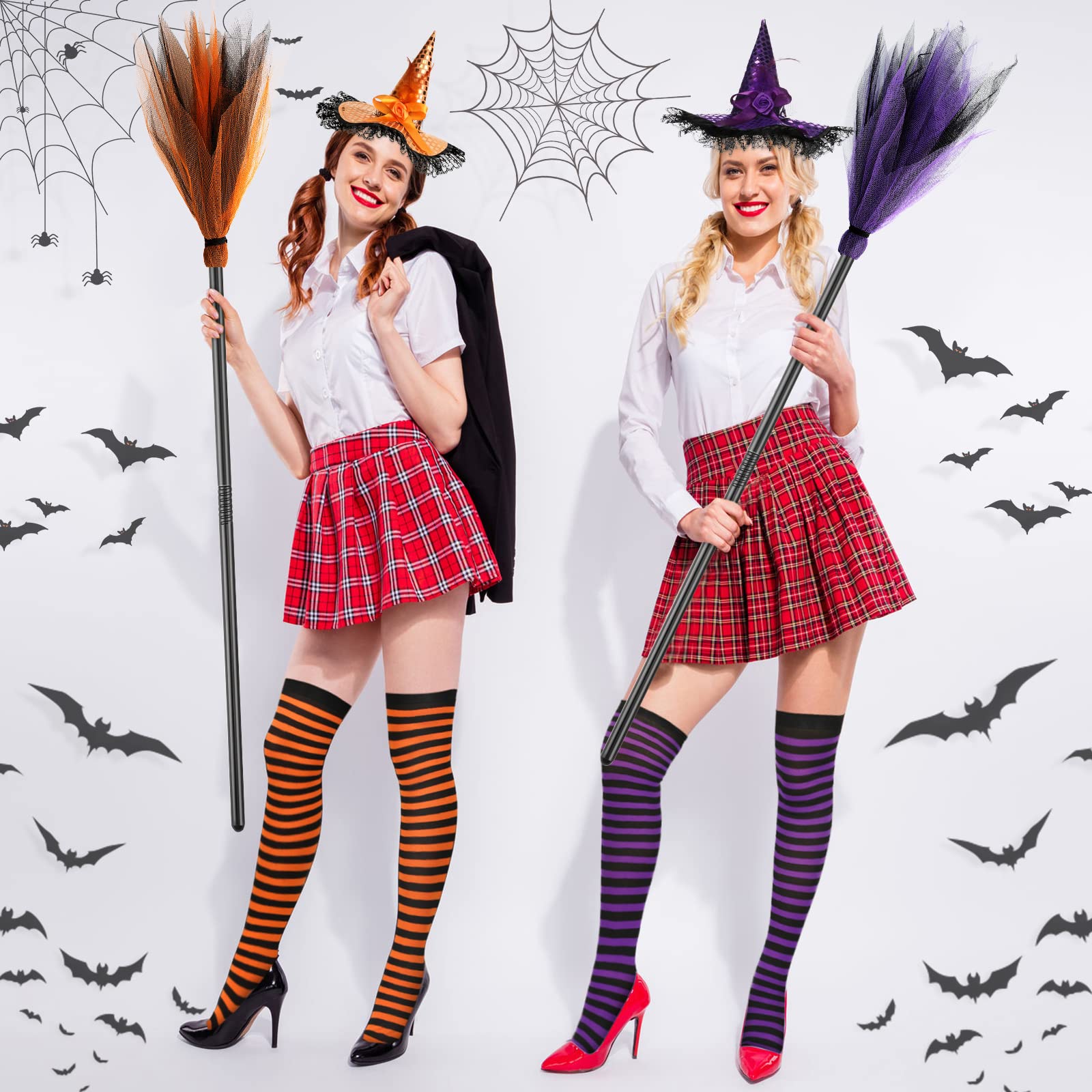 9 Pcs Halloween Witch Costume Set Includes 3 Pairs Halloween Long Striped Witch Socks Witch Broom Witch Hat Headband Witch Party Accessories