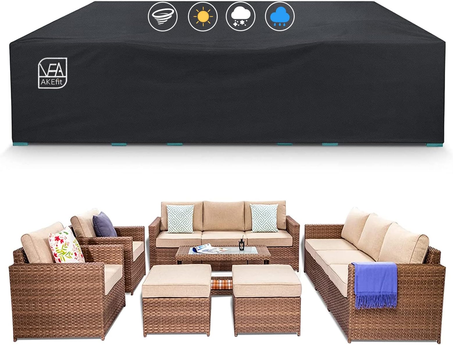 AKEfit Patio Furniture Covers,500D Heavy Duty Waterproof for Outdoor Square and Retangle Patio Table and Chair Covers,Black-126"L x 63"W x 29"H