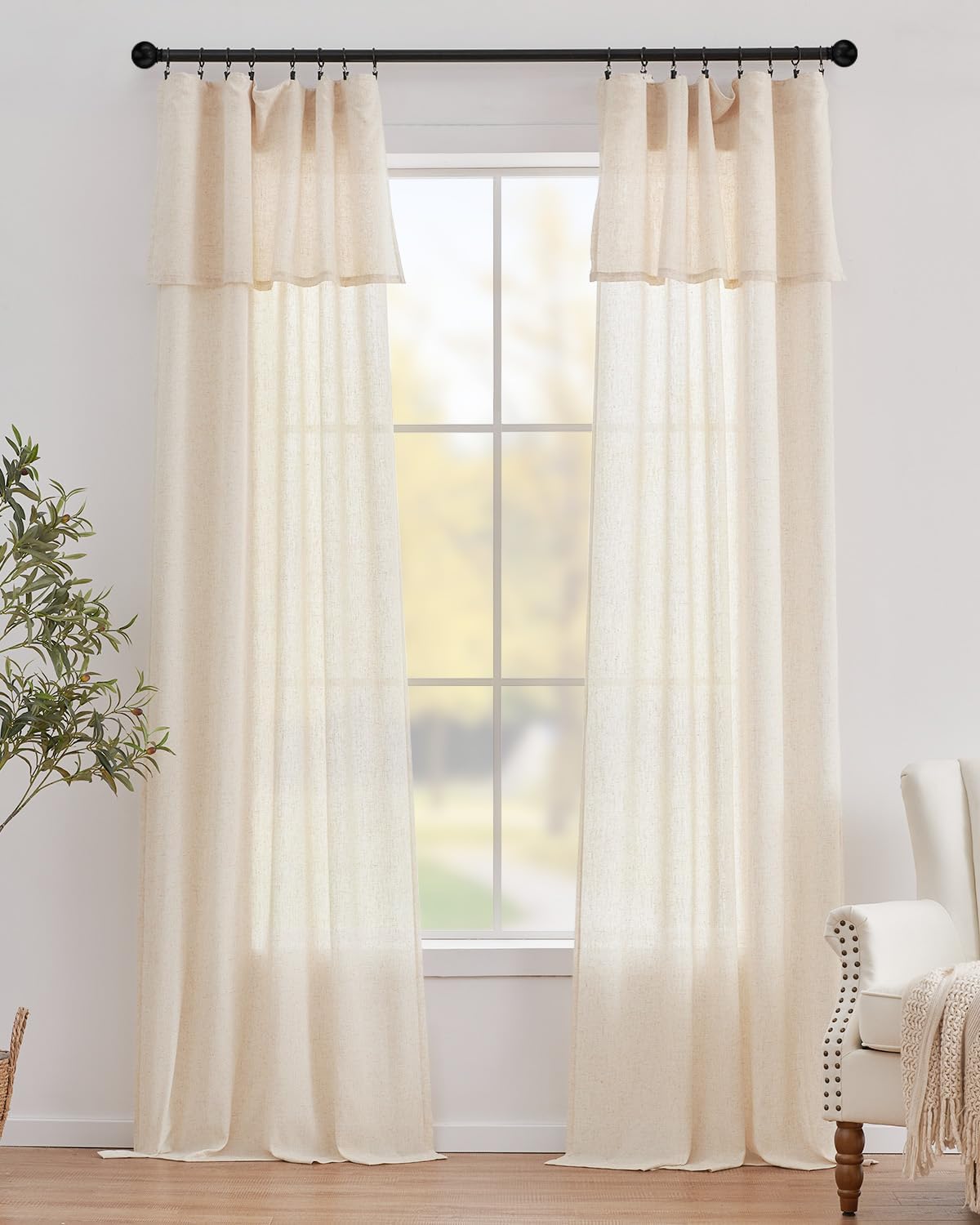 jinchan linen blend light filtering curtains 38w x 96l inch beige for living room farmhouse boho curtains attached valances hooks drapes 2-panel set 38"w x 96"l (pack of 2) attached valance crude