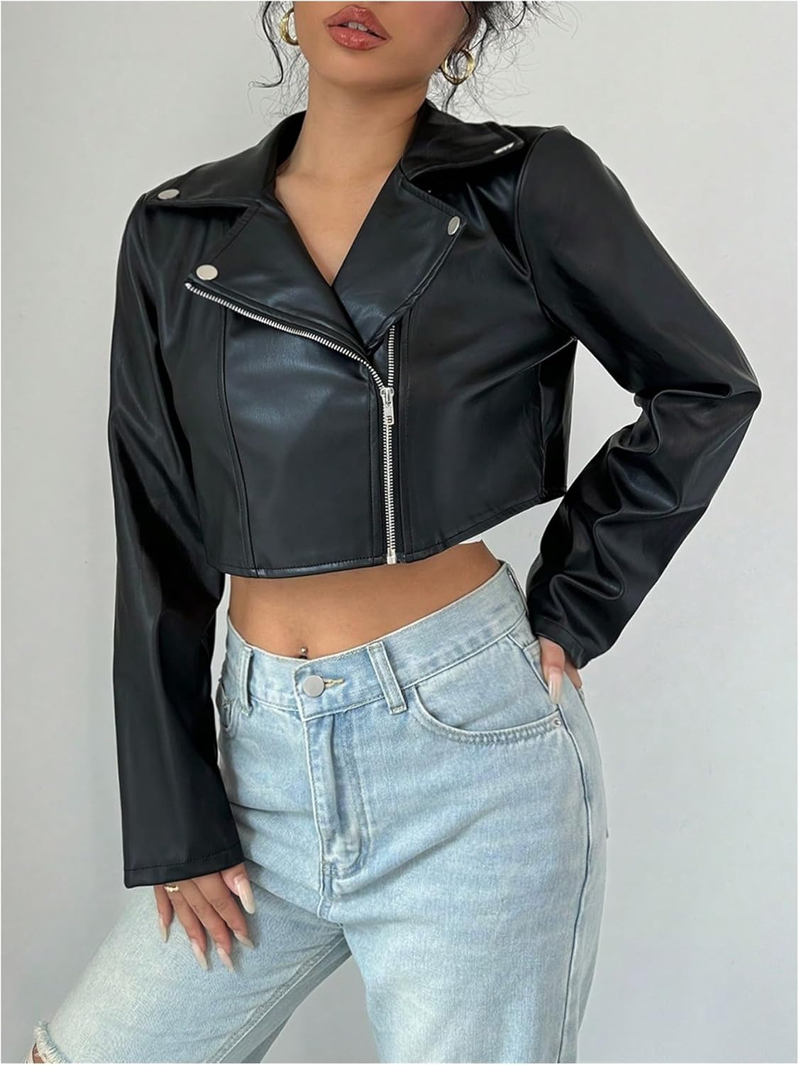 OYOANGLE Women's PU Leather Cropped Jacket Zip Up Motorcycle Jackets Coat - Image 2