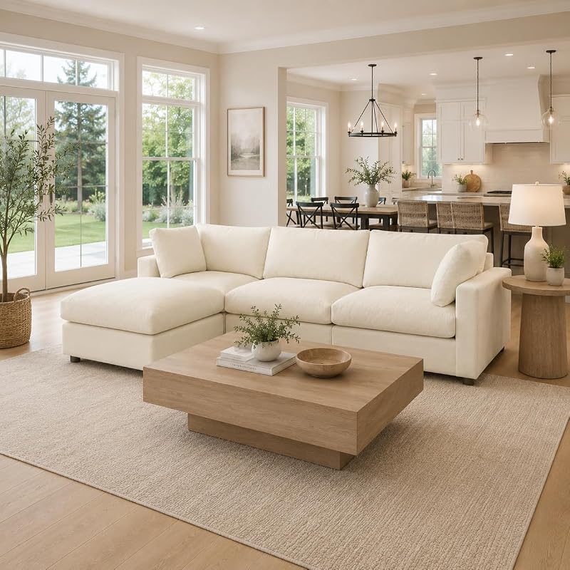 WJShome Modular Sectional Cloud Couch, Modern L-Shaped Sofa with Ottoman, 100" 3 Seater Chenille Deep Seat Couches for Living Room, Bedroom, Apartment, Beige