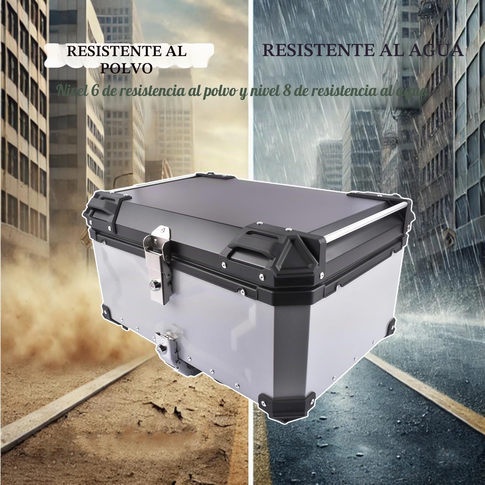 Plata 65L Maletín Superior para Moto, Maletín Universal de Aluminio Impermeable con Cierre de Seguridad para Guardar el Casco