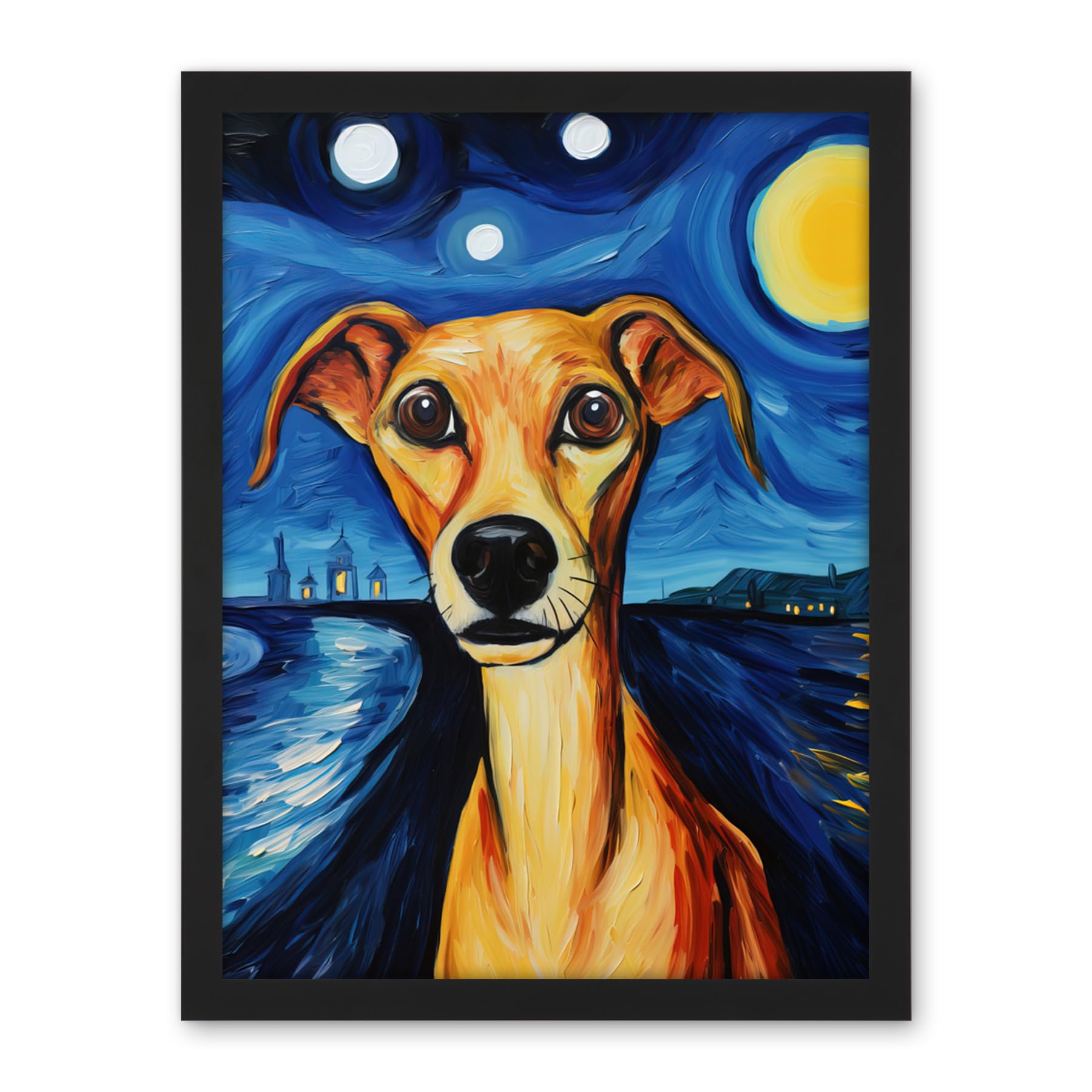 Artery8 Van Goghs Dog Artwork Night Scene Full Moon Blue Brown Yellow Oil Painting Artwork Framed Wall Art Print 18X24 Inch
