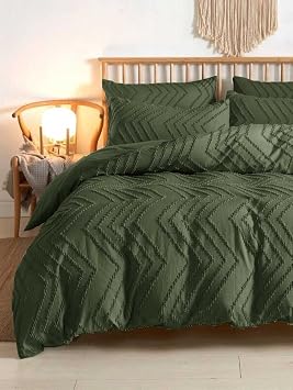 Nanko Queen Size Comforter Set Dark Green Tufted Boho Soft Shabby Chic Reversible Down Alternative Microfiber Bedding Set, All Season Duvet Bohemia Bed Set Women Men 90 x90 3pcs, Forest Green Jacquard