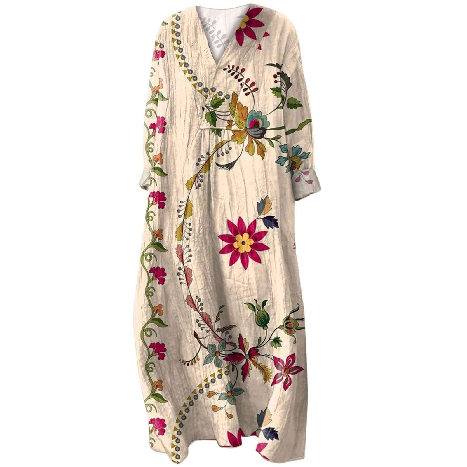 Générique Robe Longue Femme Ete Boheme Plage Col V Manches Longues Color Block Rayures Ample Decontractee Vacances Maxi Robes Fluide Casual Quotidien Elegante