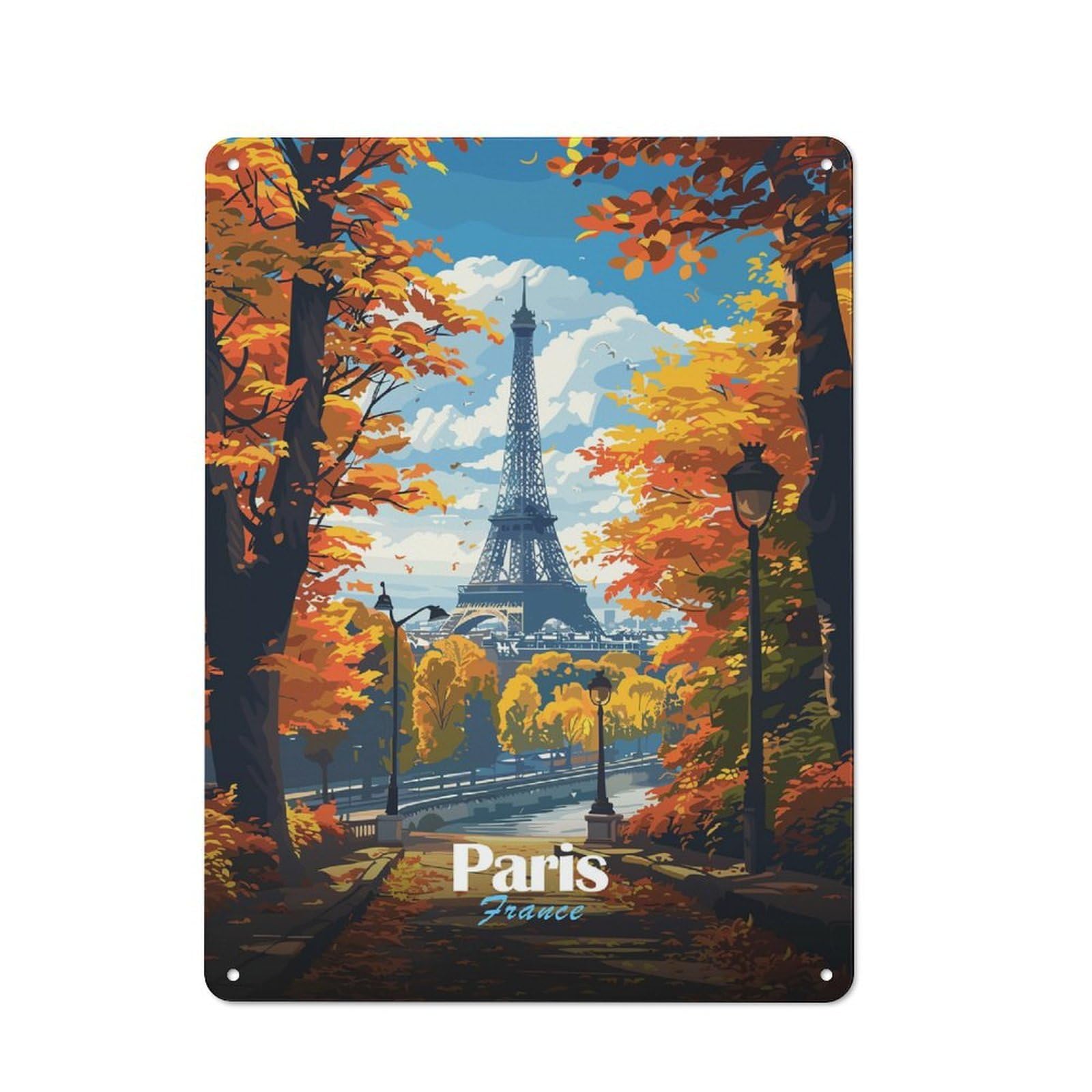 Junmoney Eiffel Tower Autumn View Country Vintage Metal Wall Decor 40X30cm, Farmhouse Metal Sign For Kitchen, Cottage, Porch Or Garden Room
