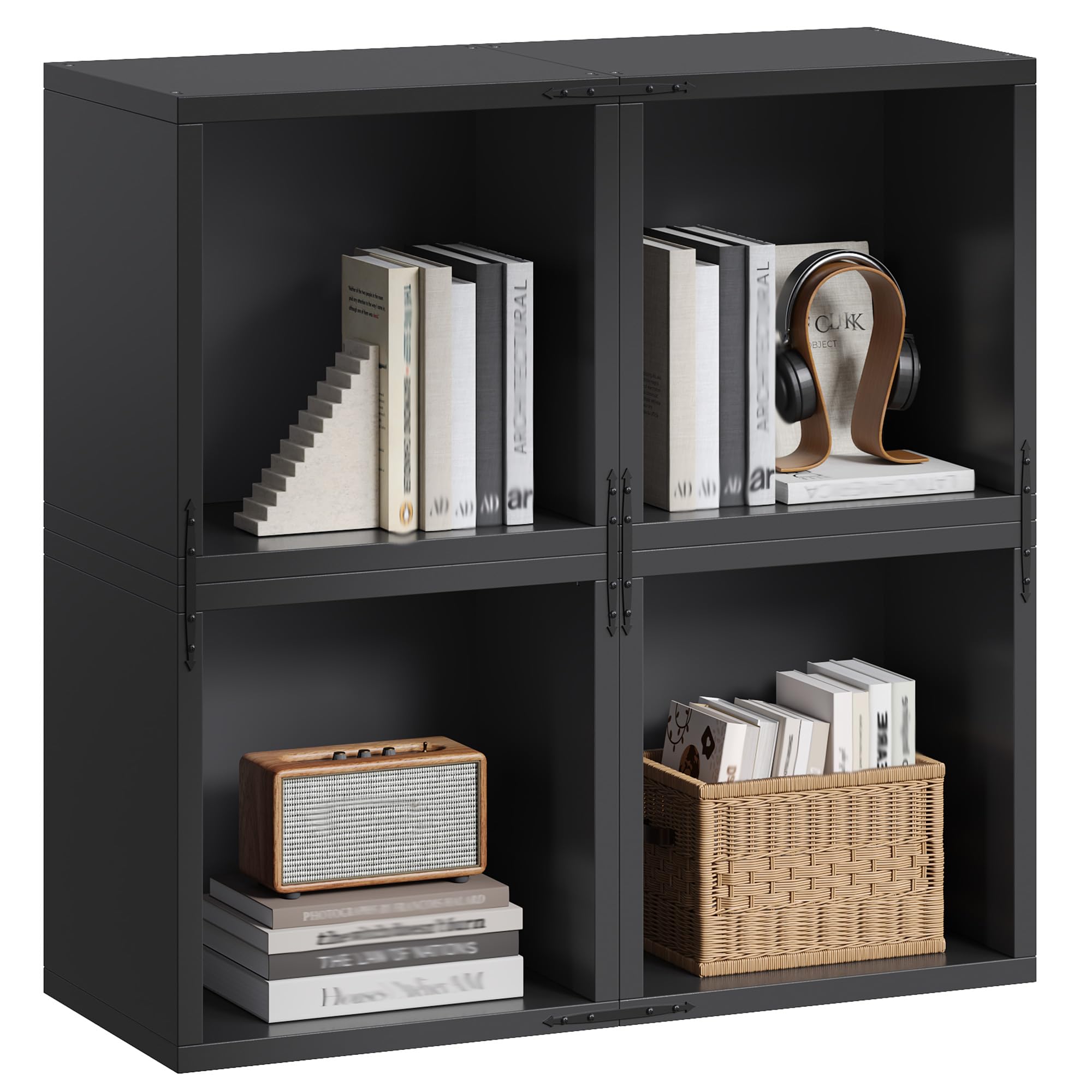 Homkdom DIY Cube Storage Organizer, Stackable Display Bookcase with Anti-Tip Design, Cube Book Shelf for Bedroom, Office, Dorm, 4 Storage Cube, Black