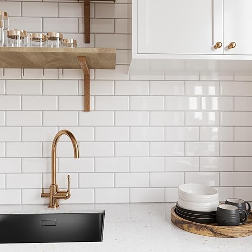 Miniatura 3 de VEELIKE Azulejo blanco para salpicaduras de metro con lechada negra, 6 hojas de azulejos de pared para cocina, azulejos de pared para baño, adhesivo