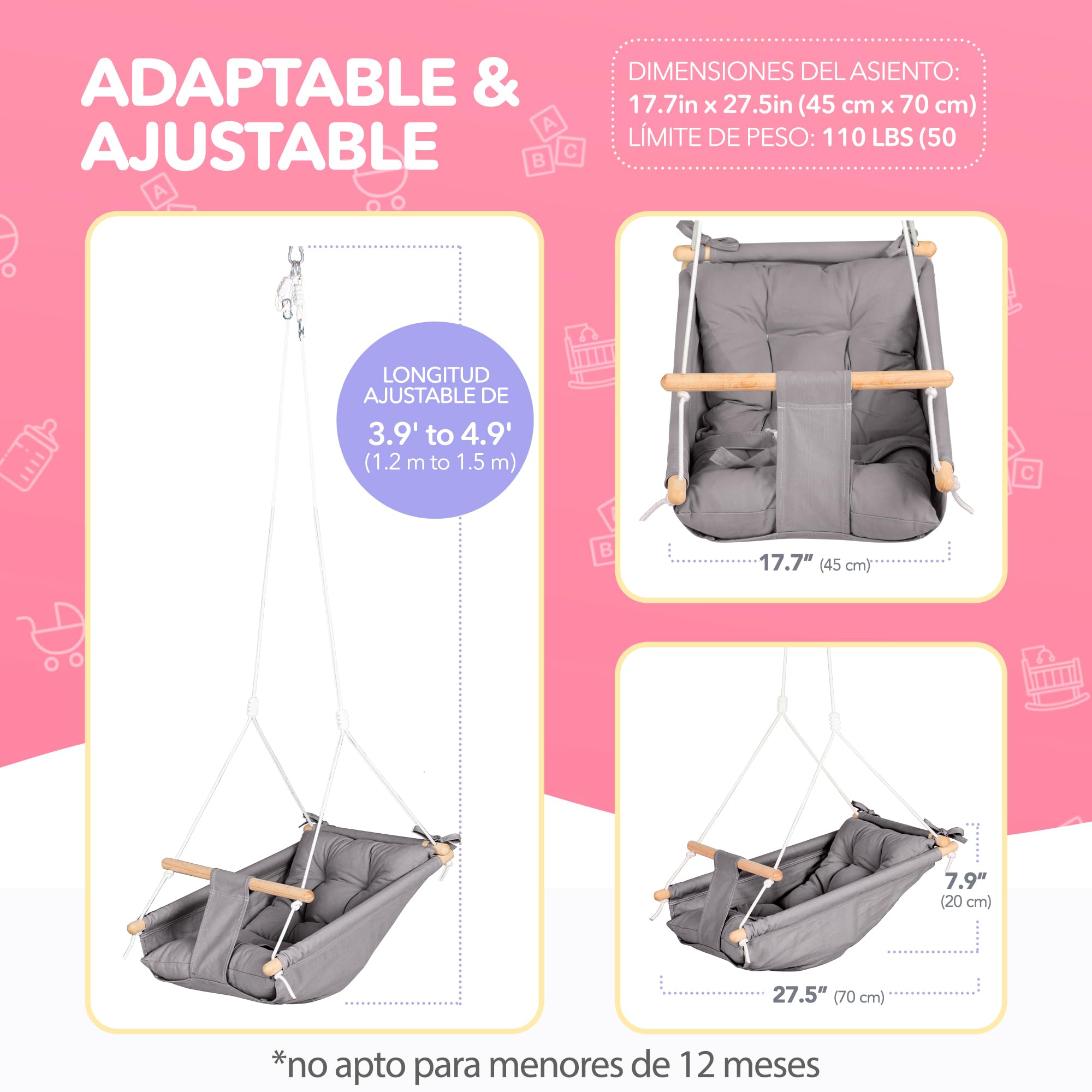 Columpio de Lona Baby by Cateam - Gris - Silla Columpio de Madera para bebé con cinturón de Seguridad y herrajes de Montaje. Bebé Hamaca Silla Regalo de cumpleaños.
