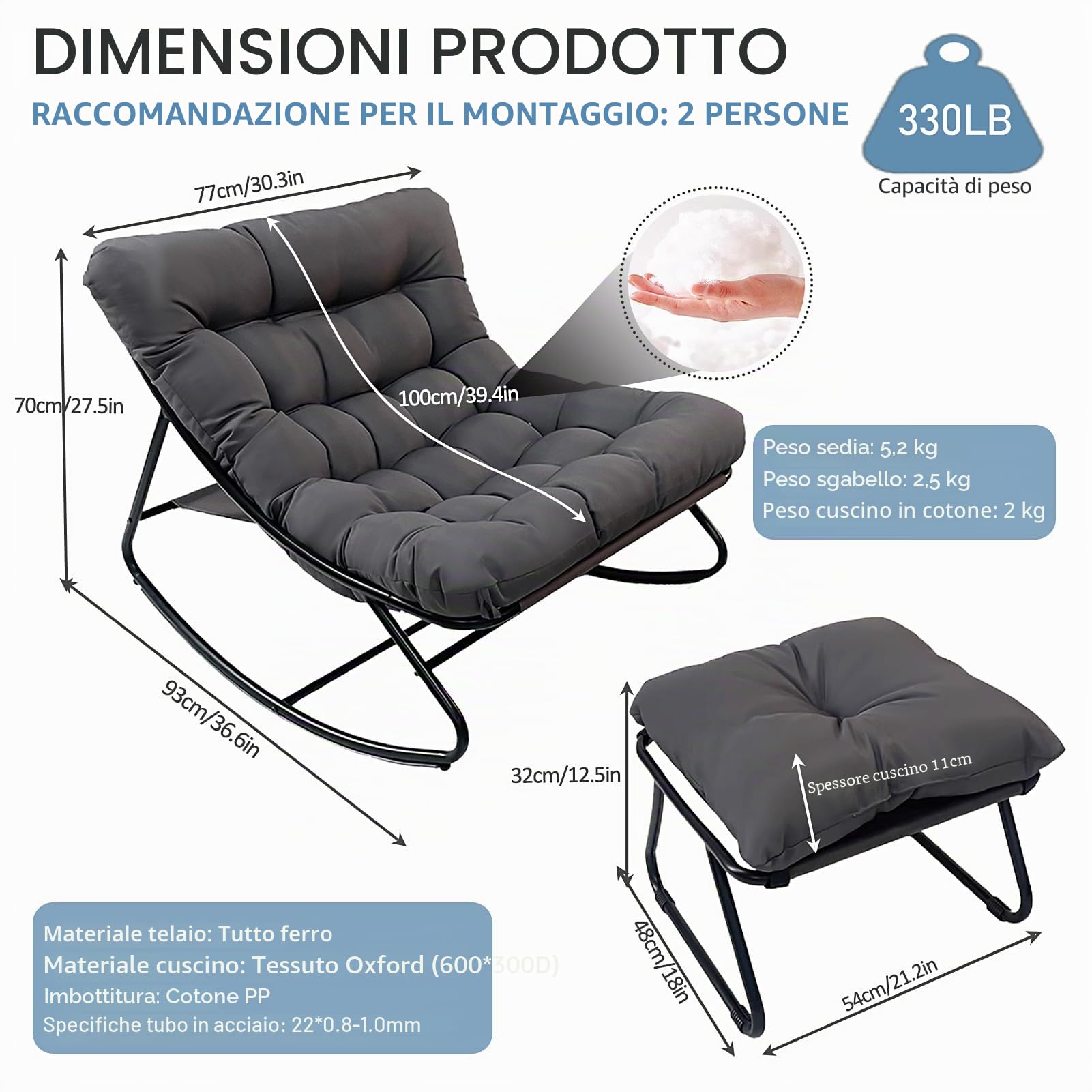 Poltrona a Dondolo da Esterno, Sedia a Dondolo da Esterno con Pouf, Poltrona da Lettura a Salotto con Cuscino Imbottito, Portata 150kg, Rocking Chair per Salotto Terrazza Camera Studio (Grigio)