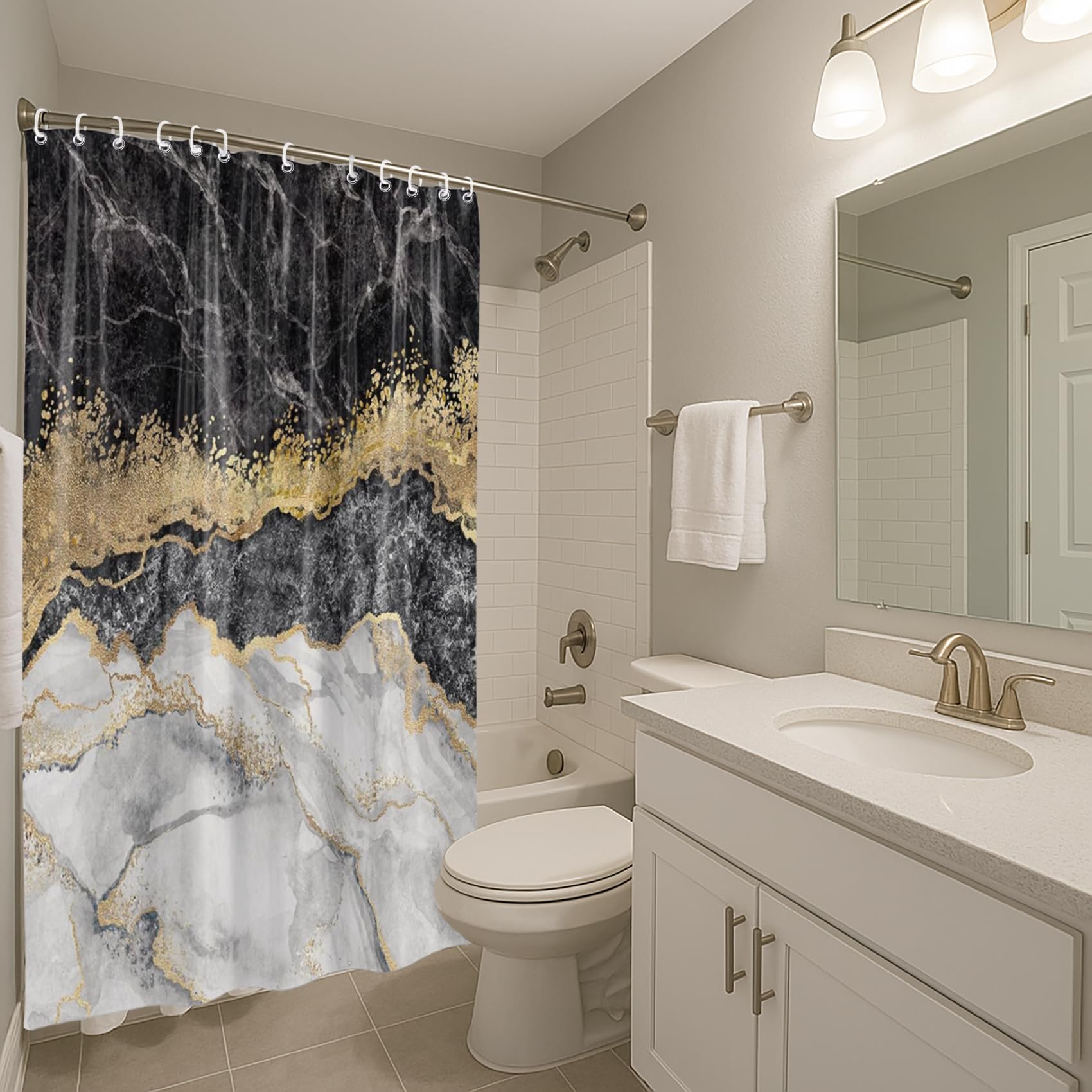 Duschvorhang Schwarzer Marmor-Look, Wasserdicht, 165x183 Cm – Abstraktes Ombré-Design, 100% Polyester, Maschinenwaschbar, Mit Haken