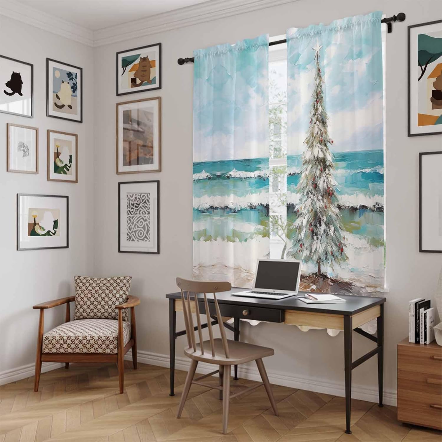 Coastal Christmas Tree Window Curtains 72 Inch Long 2 Panel Set,Rod Pocket Long Curtains & Drapes,Modern Oil Painting Beach Xmas Tree Window Treatment for Bedroom Living Room 52"W x 72"L