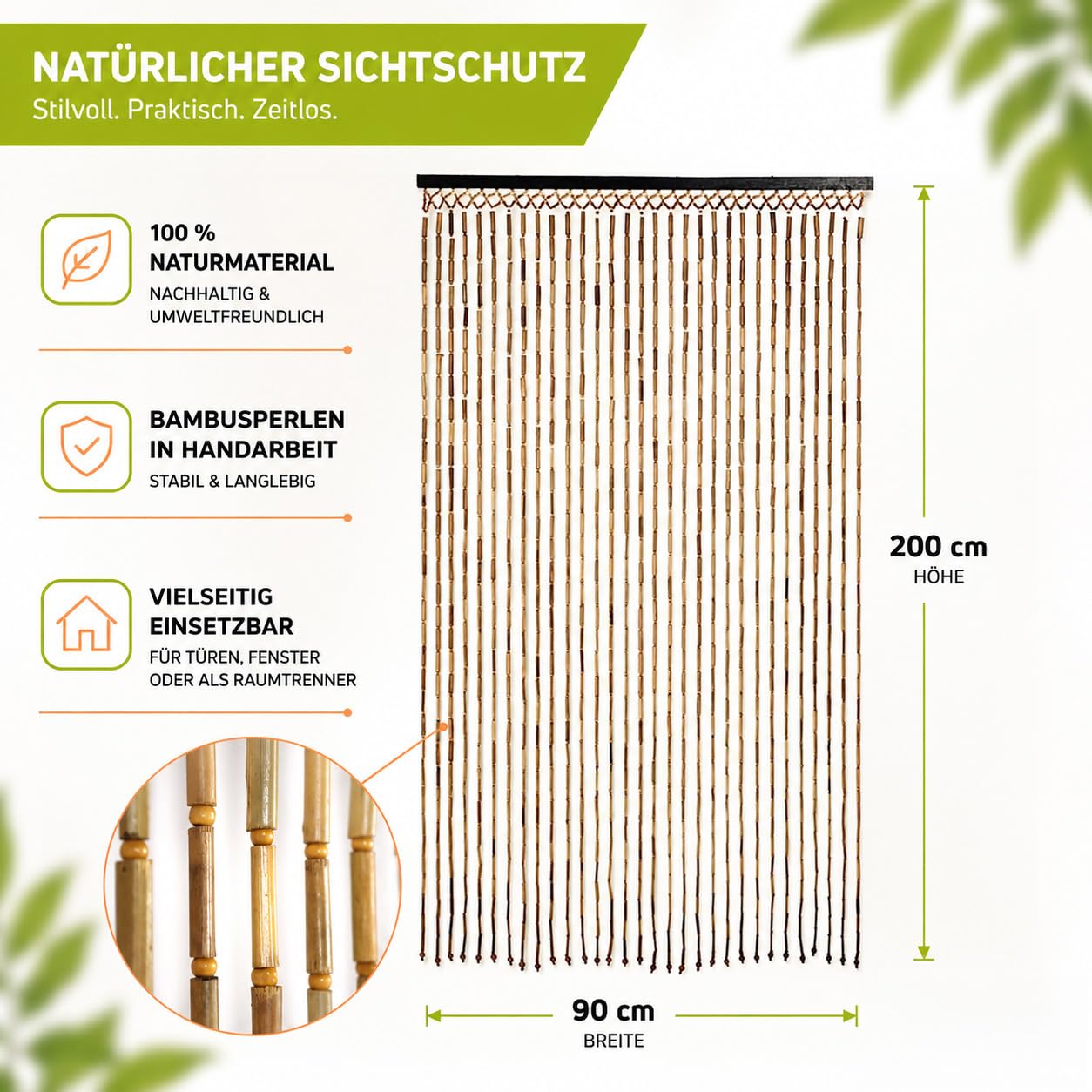 Kobolo Türvorhang BAMBOO 90x200cm braun, Bambus Perlenvorhang mit 31 Strängen je 0,8,cm & Holzleiste, dekorativer Fadenvorhang als Insektenschutz & Raumteiler für Balkon- & Terrassentür, handgefertigt