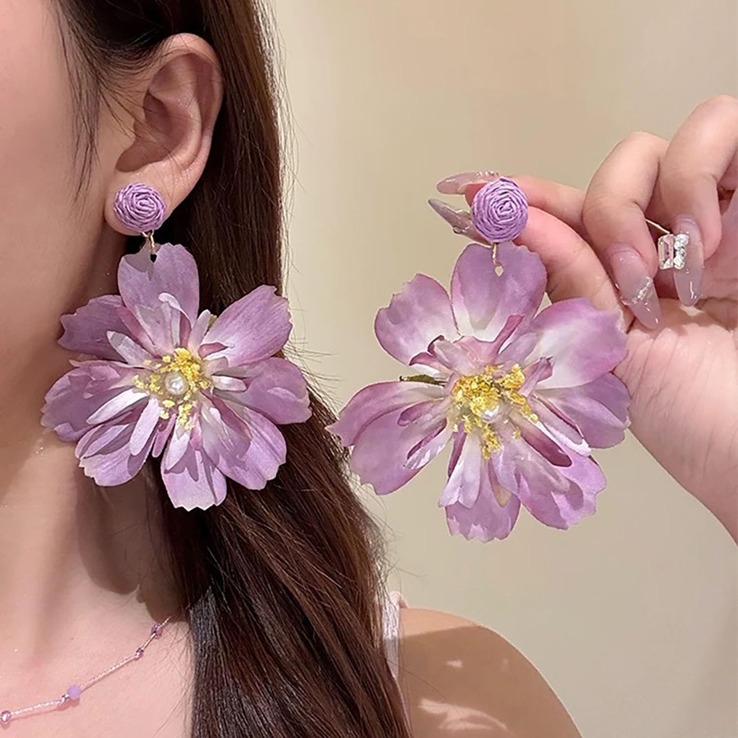 Large Flower Earrings for Women Boho Floral Statement Earrings Trendy Purple Flower Dangle Earrings Fashion Jewelry for Wedding Gifts - Image 2