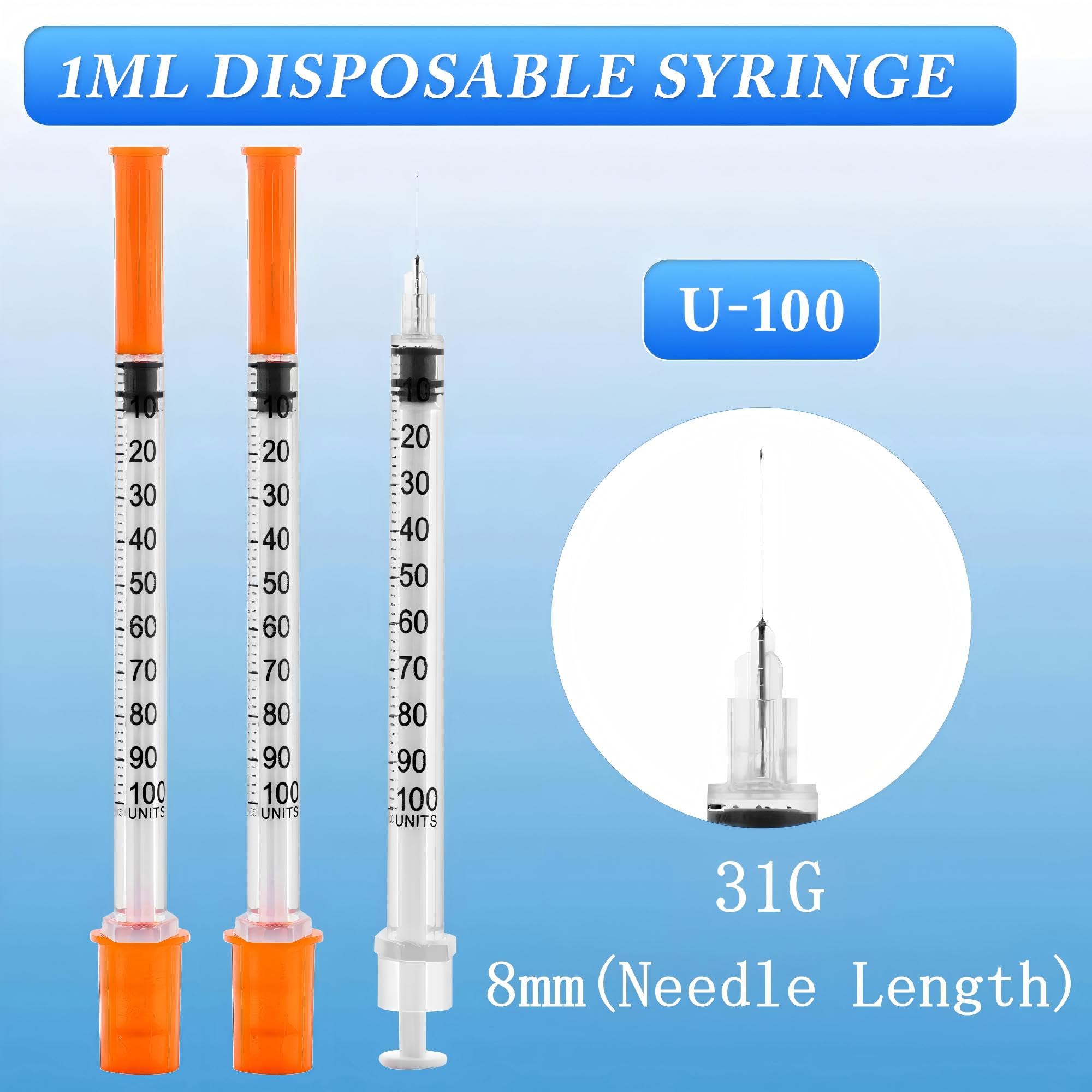 100pcak 1ml/cc Syringes 31G 5/16" (8mm) U-100 , Disposable Syringe, Lab Supplies, Individual Wrapped. — Amazon image 2