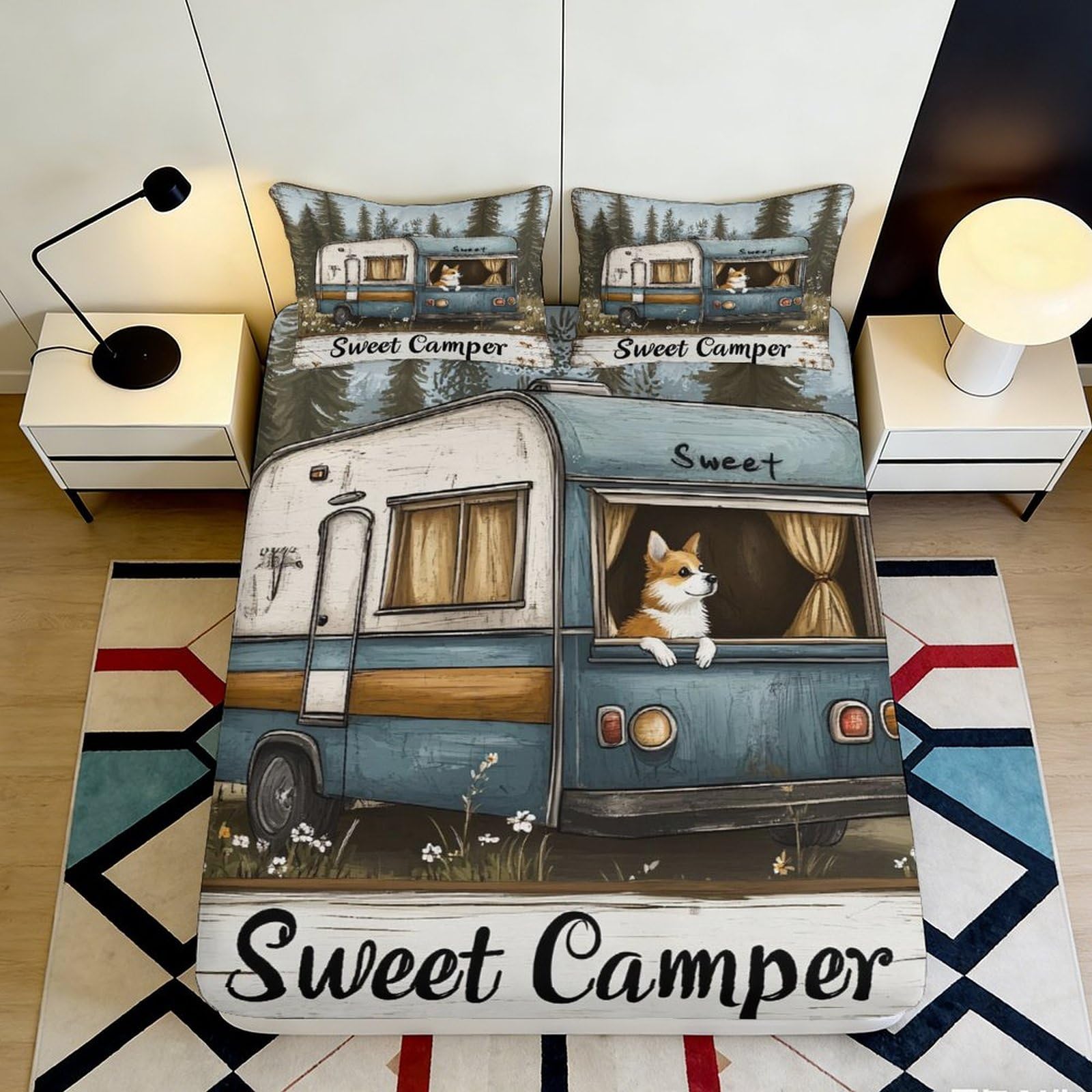 3D Printed Sweet Camper Fitted Sheet Microfiber Soft Breathable Vintage Trailer Bed Cover for Bedroom Dormitory Guest Room Mattress Protection 120x200x25cm