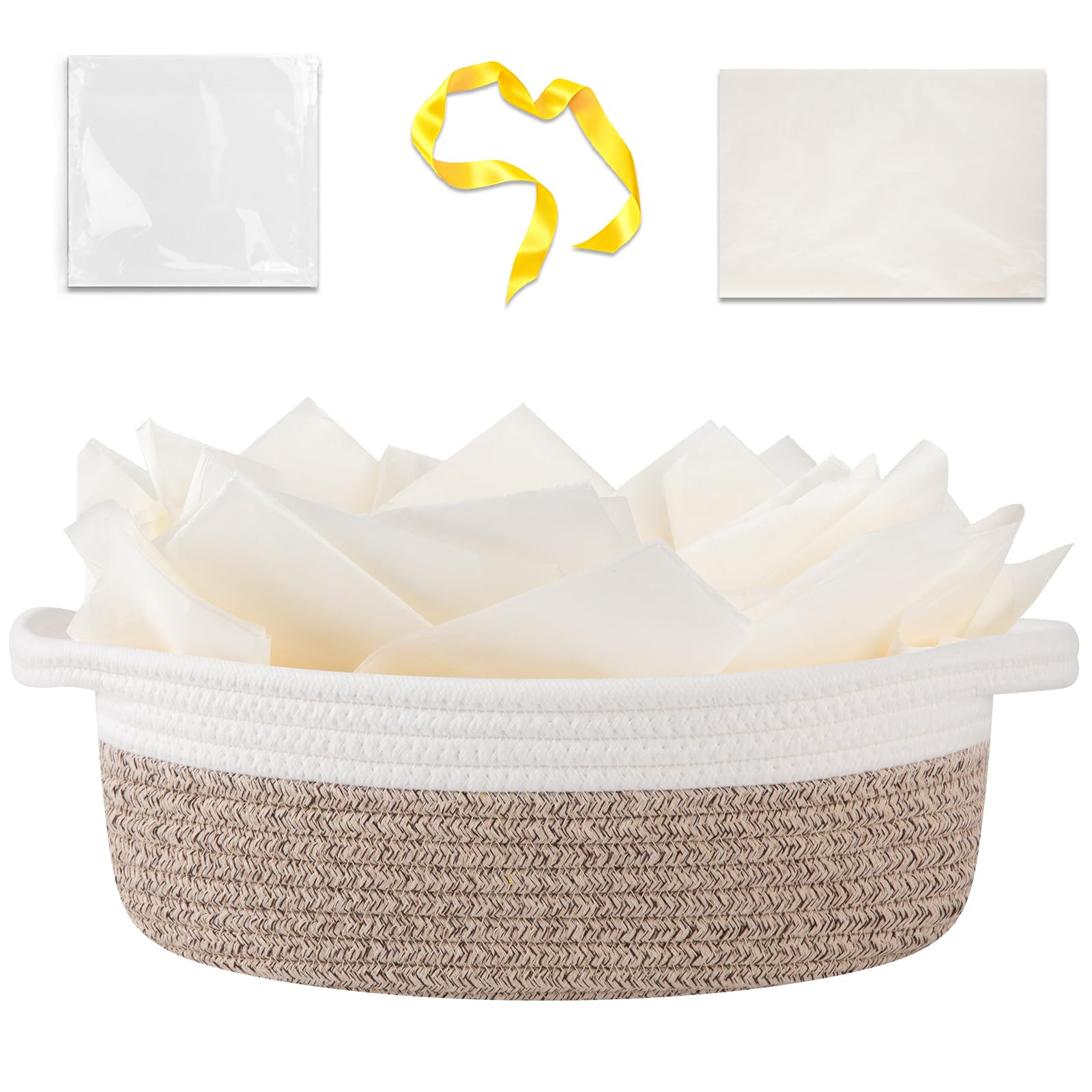 OIAHOMY Gift Basket Empty with Handle, 12"x 8"x 5" Small Woven Basket with Gift Bag, Ribbon and Wrap Tissue Paper, Dog Toy Storage for Organizing - Brown & White Brown & White 12"x 8"x 5"
