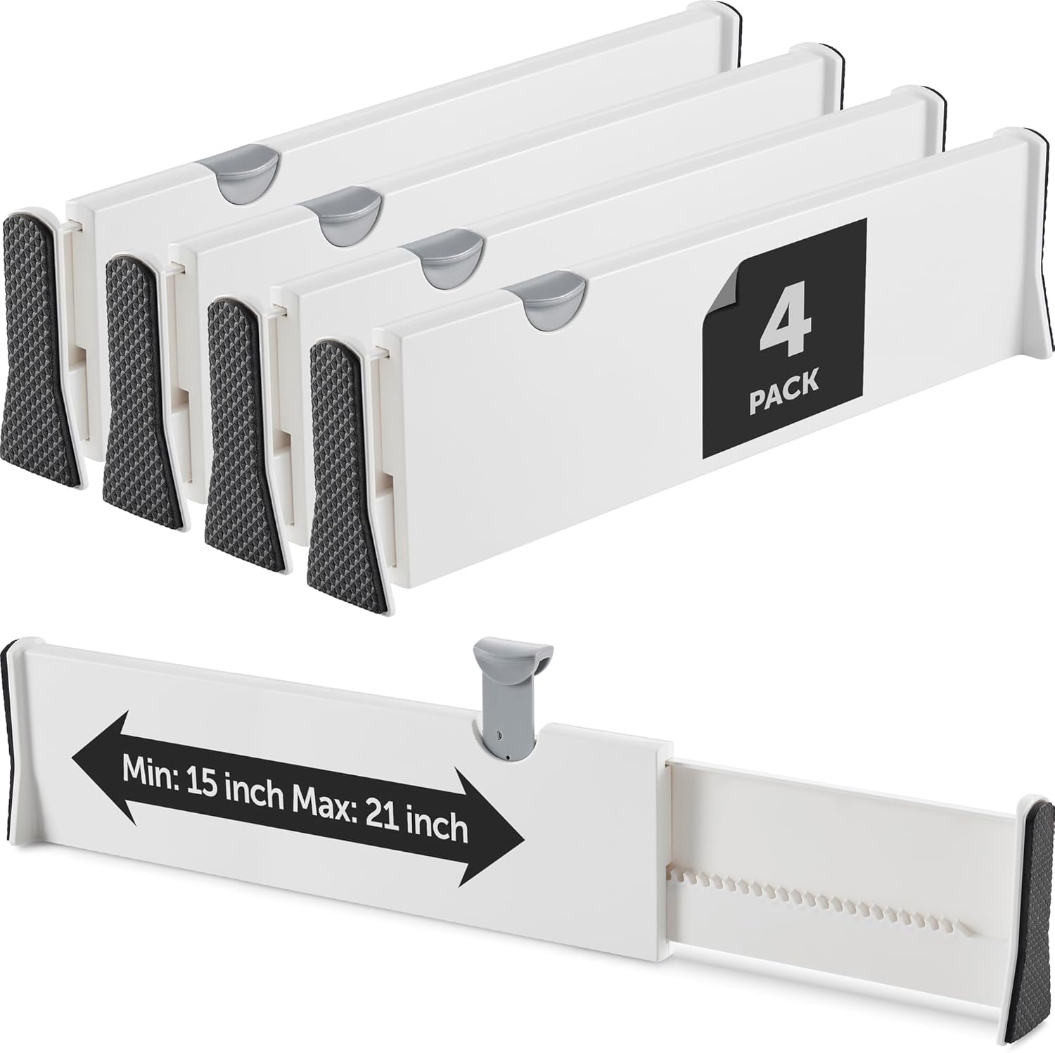 Adjustable Tall Drawer Dividers, [4 Pack] Adjusting Legnth from 15 Inch - 21 Inch, Drawer Organizers for Clothes, Locks in Place, Use for Bedroom, Bathroom, Kitchen & Office Organization and Storage. 4 Large