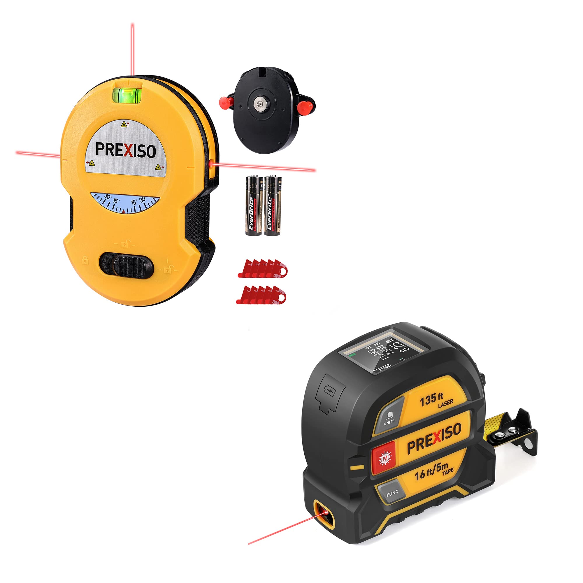 PREXISO Multi Surface Laser Level LED Light Vial, 30Ft Horizontal and Vertical Line Laser & PREXISO 2-in-1 Digital 135Ft Rechargeable Laser Tape Measure