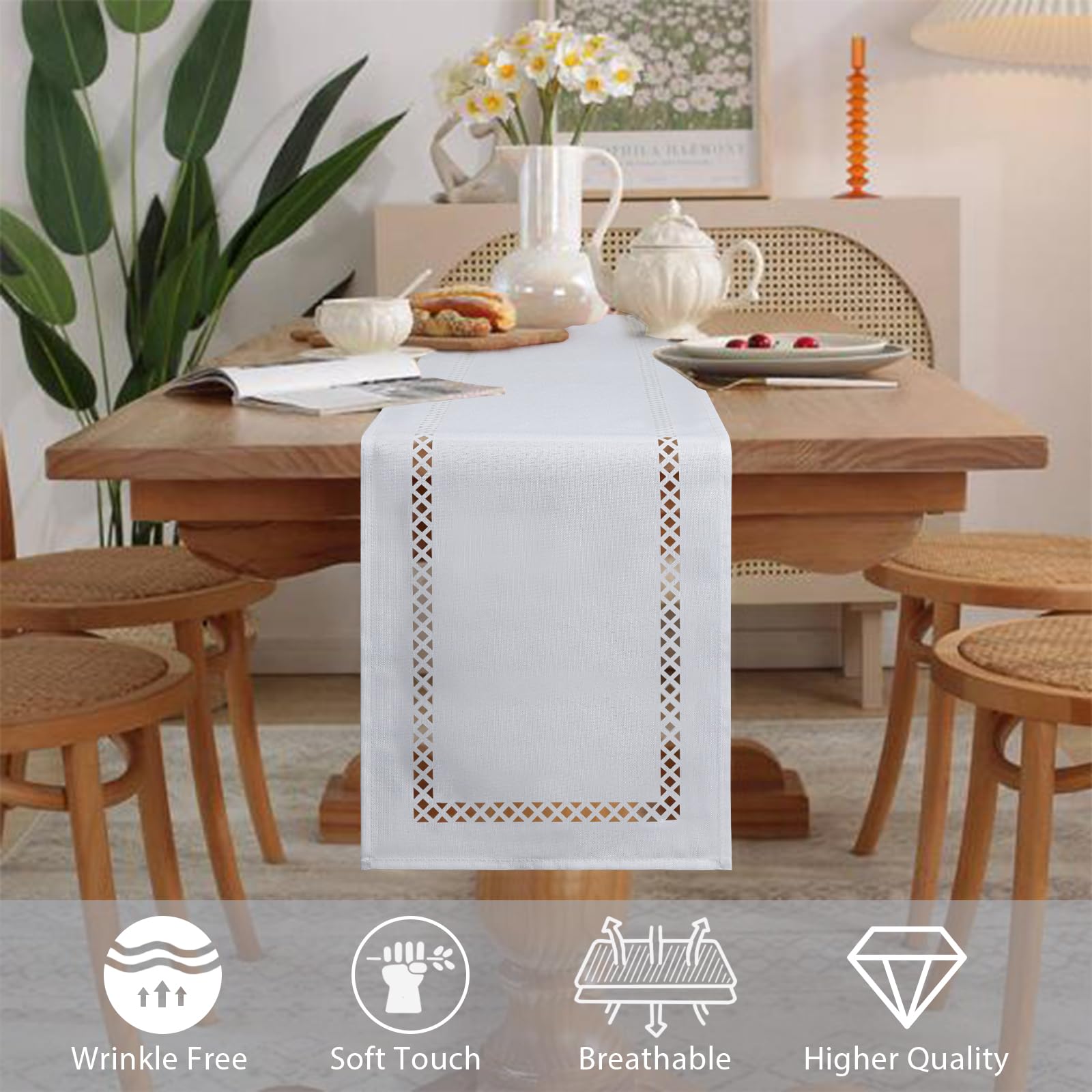 BAZIOE Modern Table Runner White Linen Table Runner Washable Openwork Design Ideal for Holiday Party Decoration Dining Table - Image 4
