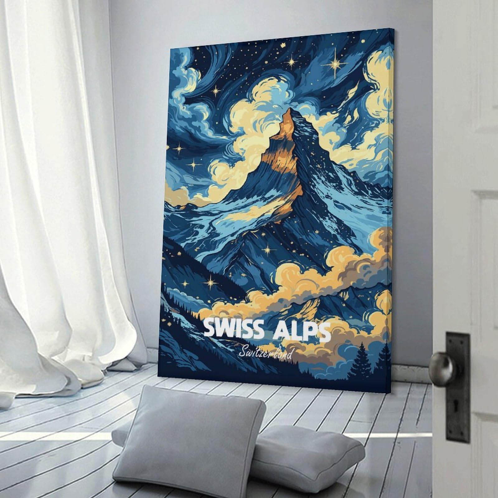 Junmoney Wall Art Print Swiss Alps Switzerland Mountain Landscape Art, 24x36inch(60x90cm), for Living Room, Bedroom Or Apartment Walls, Modern Wall Decor for Cosy Interiors