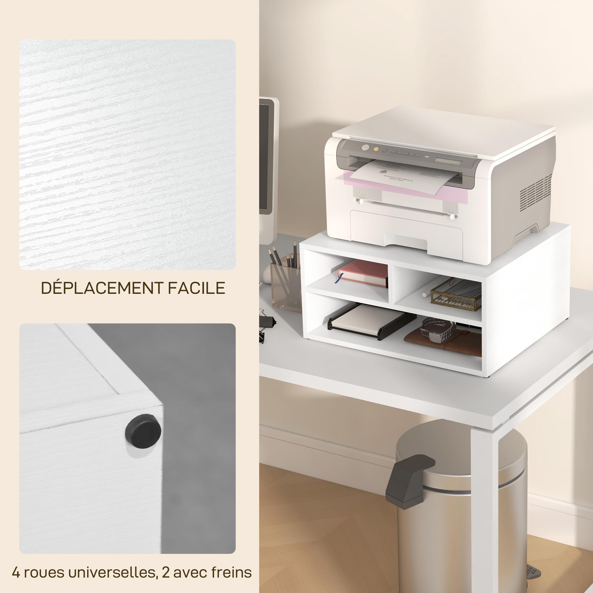 HOMCOM Support Imprimante 3 Compartiments 47x40x22,5 cm Blanc | Caisson de Bureau, Meuble de Rangement de Bureau, Meuble Imprimante