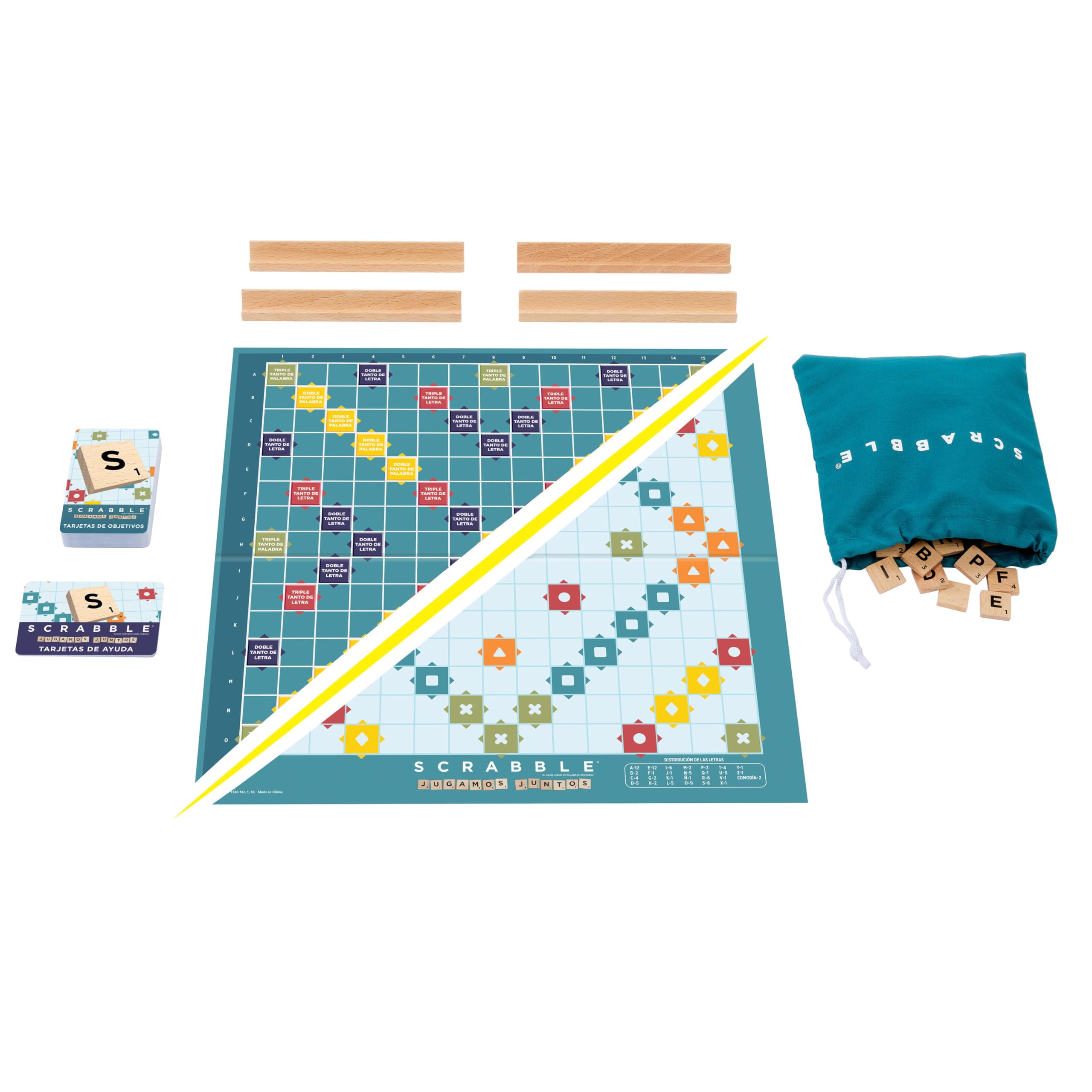 Mattel Games Scrabble JGR64 Jeu de société classique avec jetons de lettres et pupitres en bois, deux options de jeu, édition en espagnol