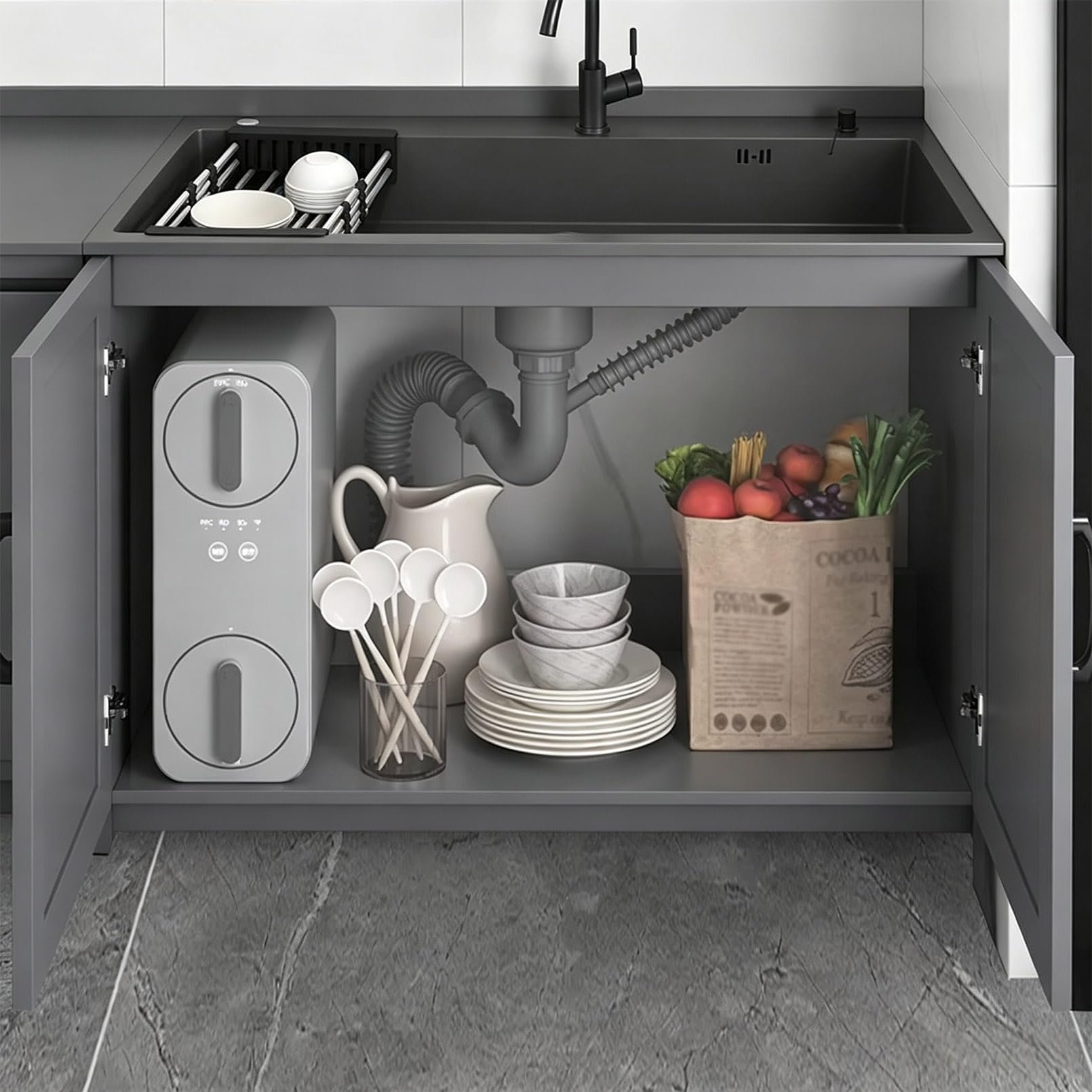 Mobile Lavello Autoportante in Alluminio a Nido d'Ape 68cm Lavandino in Acciaio Inox con Miscelatore Acqua Calda/Fredda e Dispenser Sapone, Mobiletto Salvaspazio per Esterno, Giardino e Garage