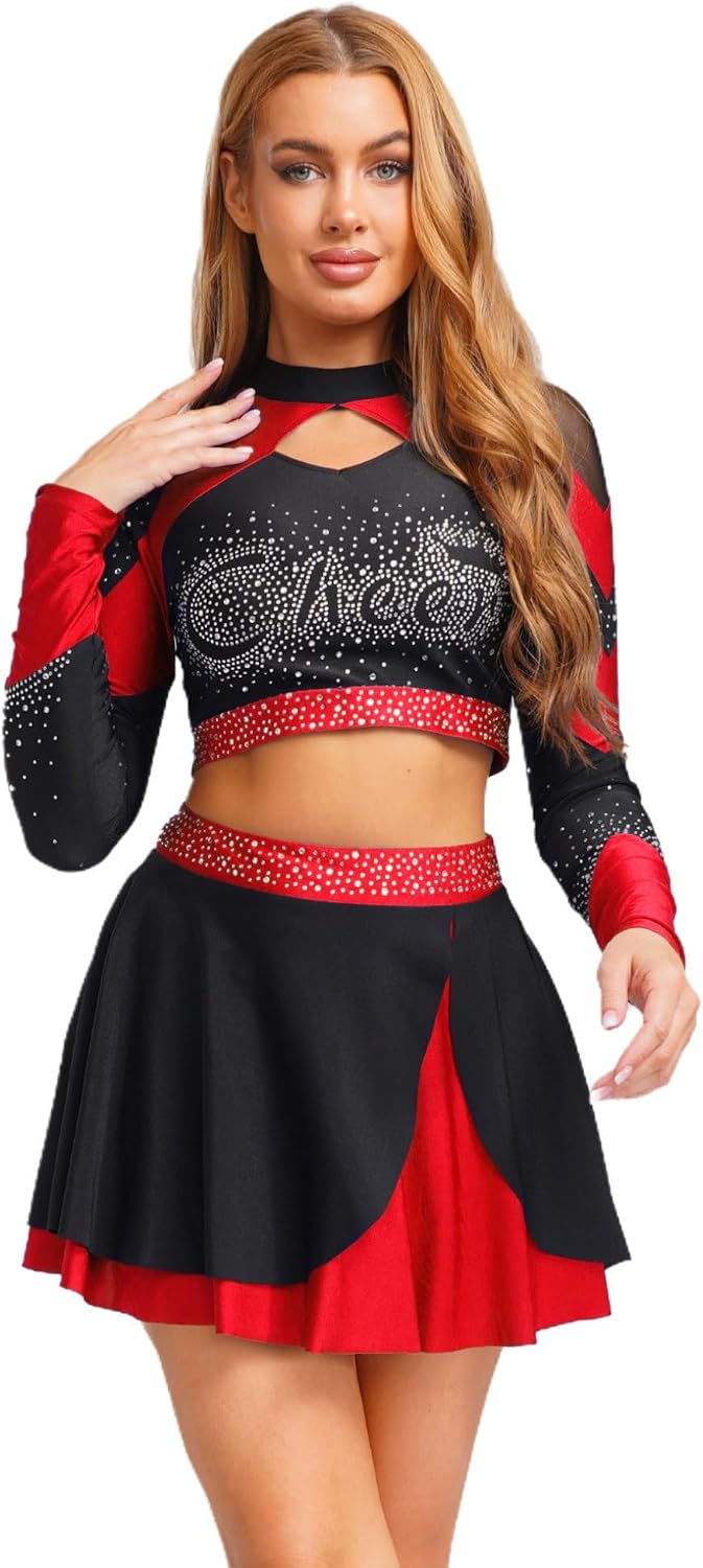 ACSUSS Womens Shiny Rhinestone Cheerleading 2 Piece Outfit Long Sleeve Crop Top & Skating Skirt