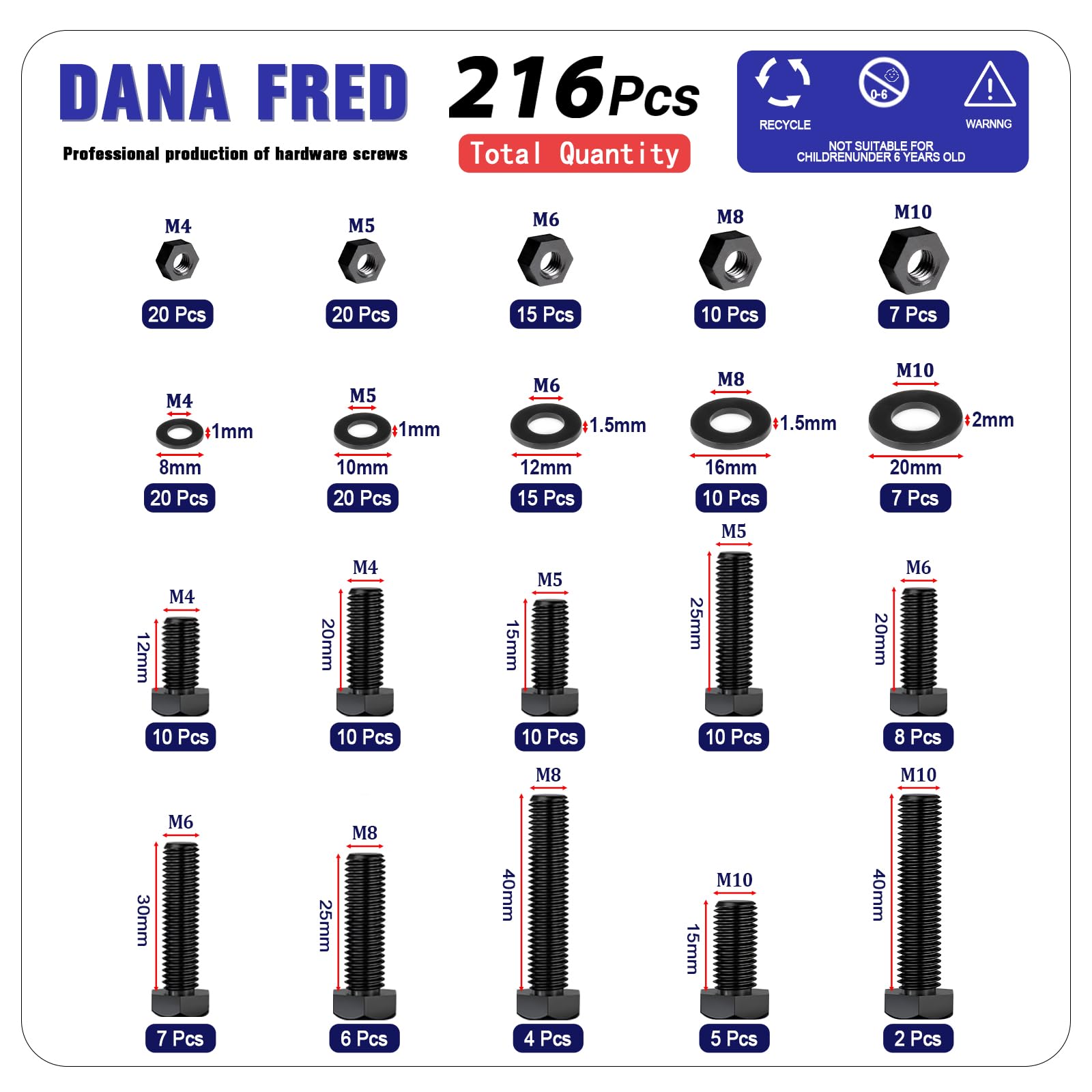 216pcs Black Nylon Hex Screw Nut Washer Kit - M4 To M10 Assortment For Electronics & PCB