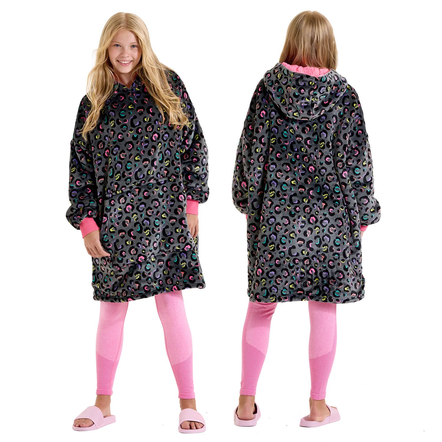 Snuggz Original Leopard Print Hooded Blanket Kids Large (9-13 Years) - Soft Double Layer Oversized Fleece Hoodie, Hoodie Blanket with Large Front Pocket - Colourful Leopard Print Oversized Hoodie