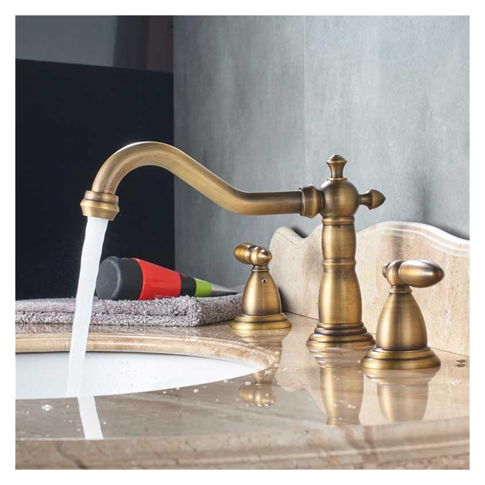 Wdsopk Antique Brass Bathroom Sink Faucet With Hot And Cold Water Mixer For 3-Hole Installation ( A)