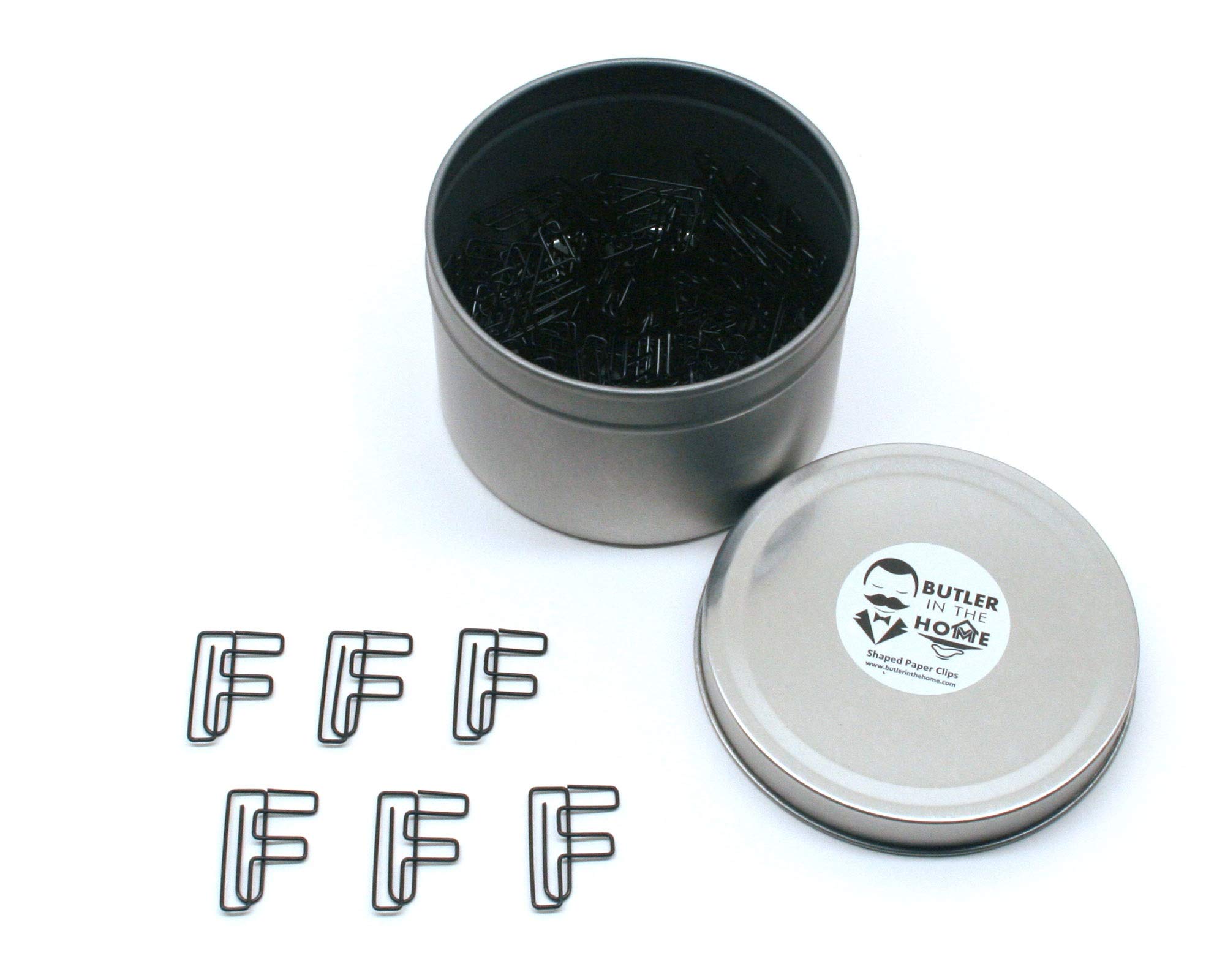 Butler in the Home Pick Your Favorite A-Z Alphabet Letter or 0-9 Number - 100 Count Black Colored Paper Clips for Initials or Birthdate - Comes in Round Tin with Lid and Gift Box (Letter F)