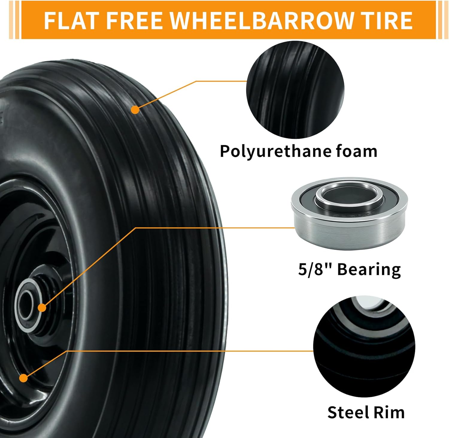 4.00-6 Tire and Wheel,13"Solid Tires,Excellent quality and high performance,Wheelbarrow Wheel with 1.75”-5.75”Centered Hub,5/8"&3/4" Bearing,Fit for Wheelbarrow/Wagon/Trolley/Garden Cart etc.(2packs)