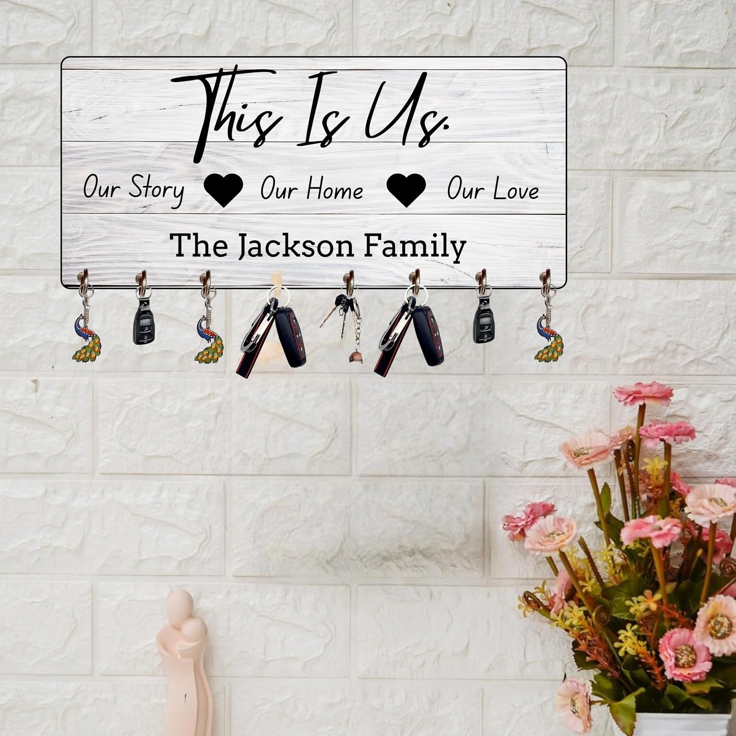 Webelkart Premium This is Us Customised Wooden Key Holder Wall Decoration Item for Home Decor Personalised Key Hanger I Key Stand I Gift Item (Size 12 x 6 inch) I 8 Hooks