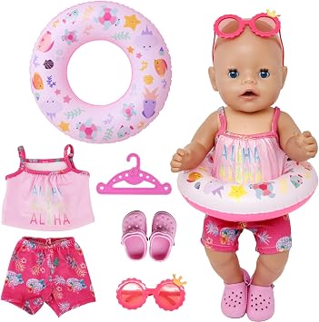 6-piece Swimming Baby Doll Clothes 43 cm Swimsuit for Dolls Swimming Set for Dolls Swimsuit Doll Set Pink with Swimming Ring Shoes Clothes Hanger and SunglassesWithout Doll