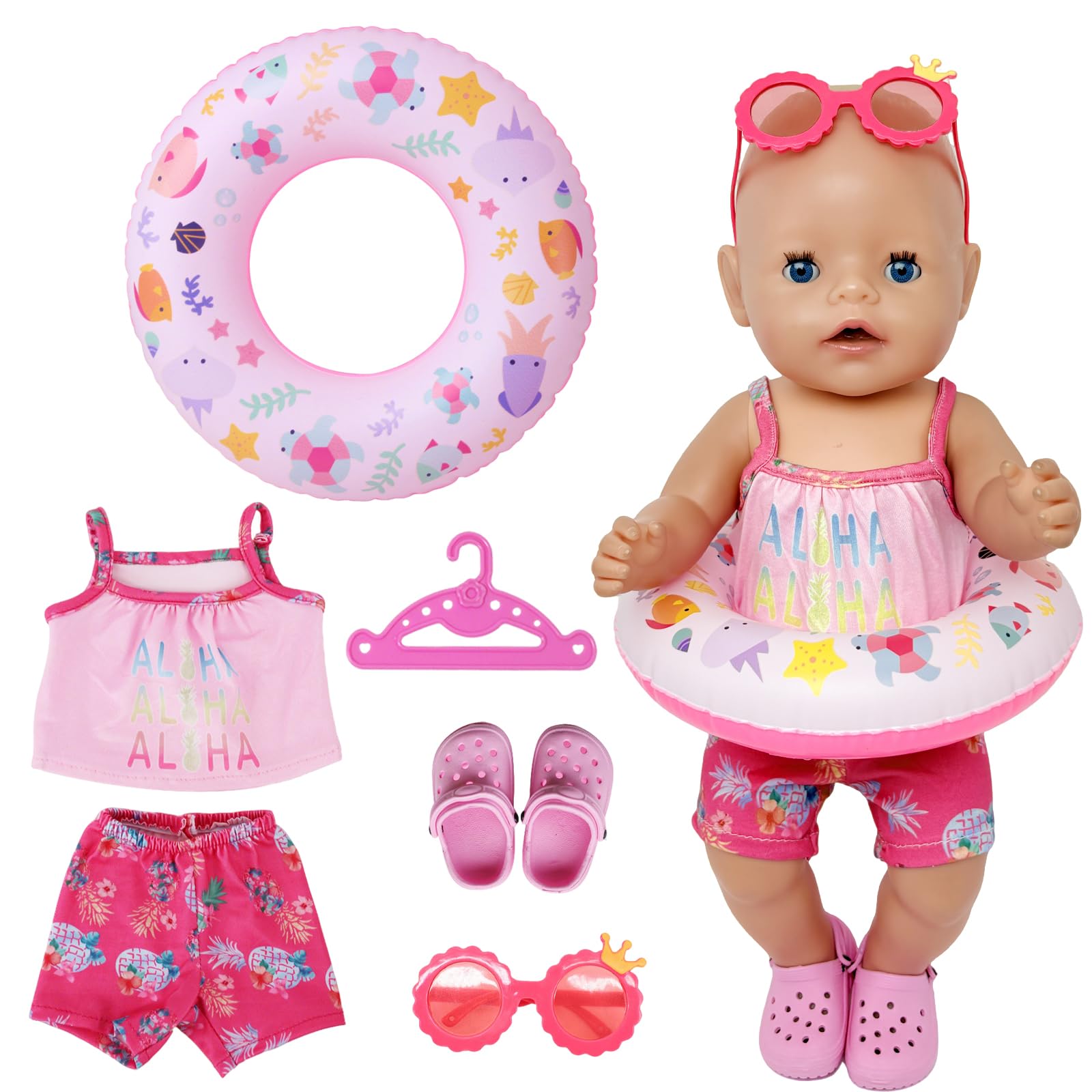 Atomvia 6-piece Swimming Baby Doll Clothes 43 cm Swimsuit for Dolls Swimming Set for Dolls Swimsuit Doll Set Pink with Swimming Ring Shoes Clothes Hanger and Sunglasses(Without Doll)