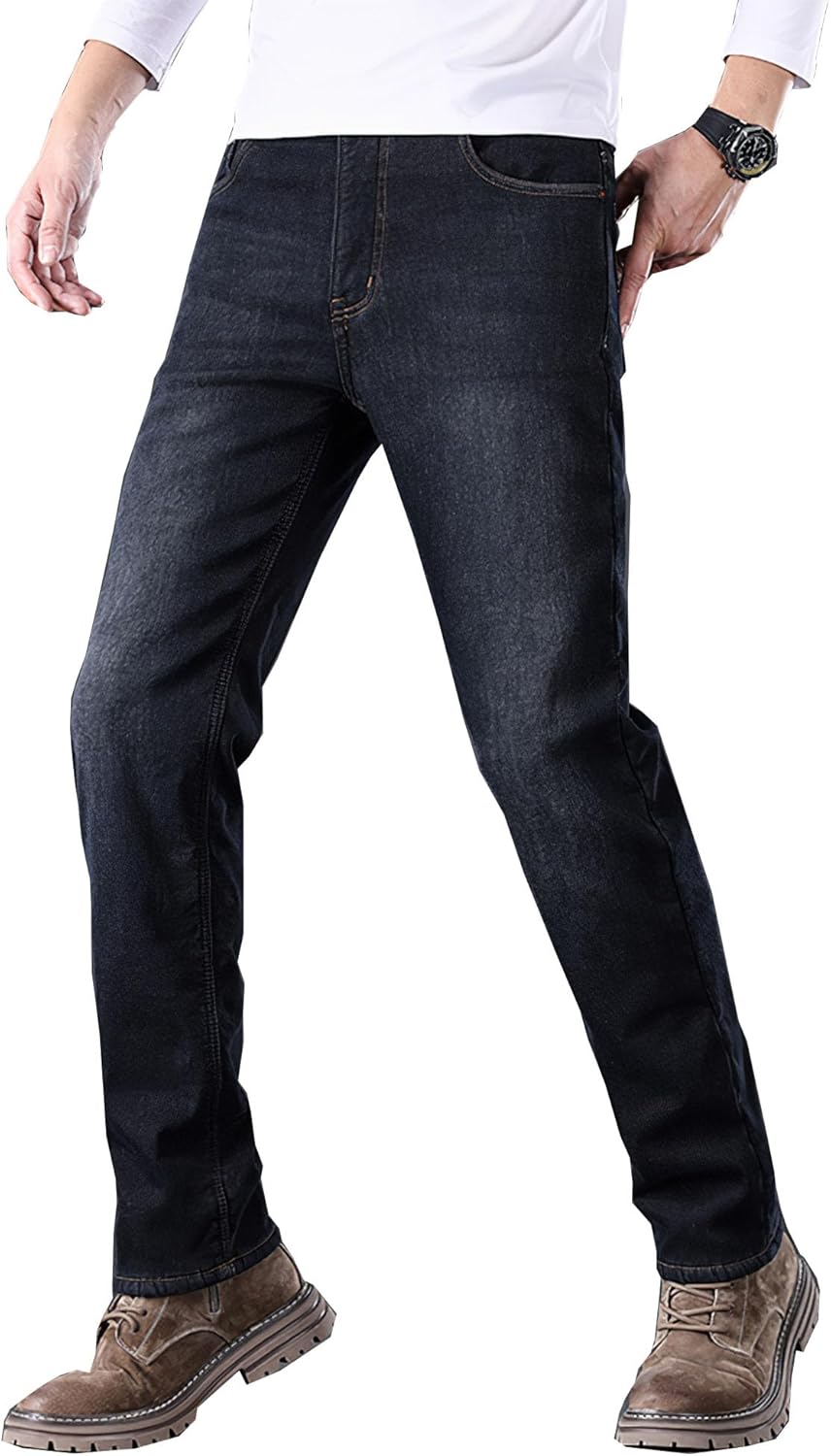 Mens Fleece Lined Jeans Straight Leg Stretch Winter Warm Denim Pants - Image 3