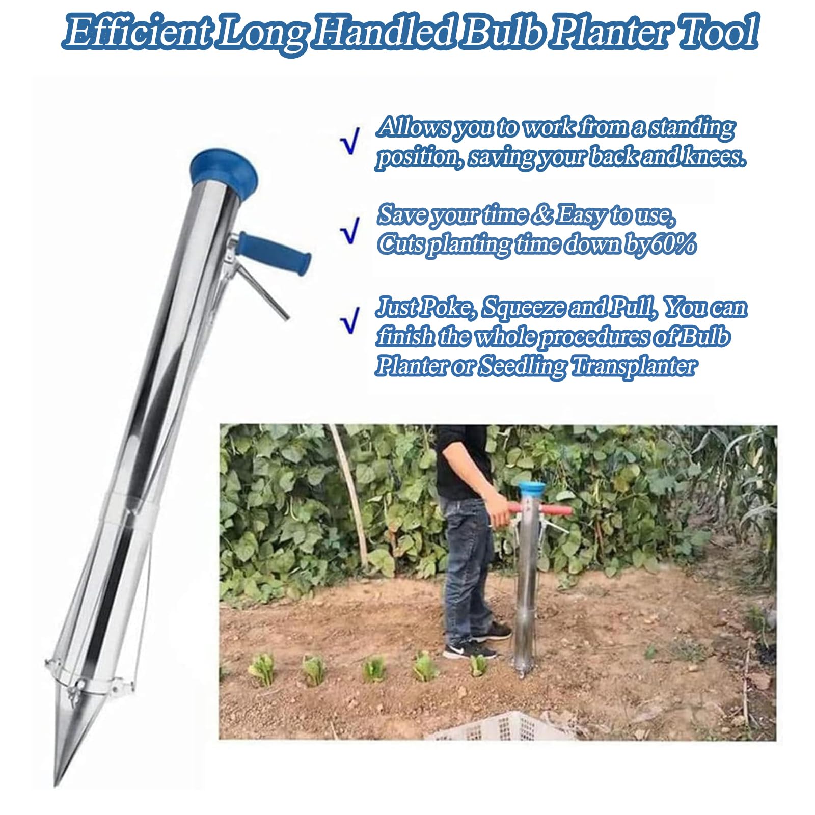 MObyat Herramienta para Plantar Cebollas Y Flores, Jardinera Multifuncional con Mango Suave, Excava, Planta Y Entierra En Un Solo Paso, Apertura De 3 Pétalos, Diámetro del Tubo: 76 Mm