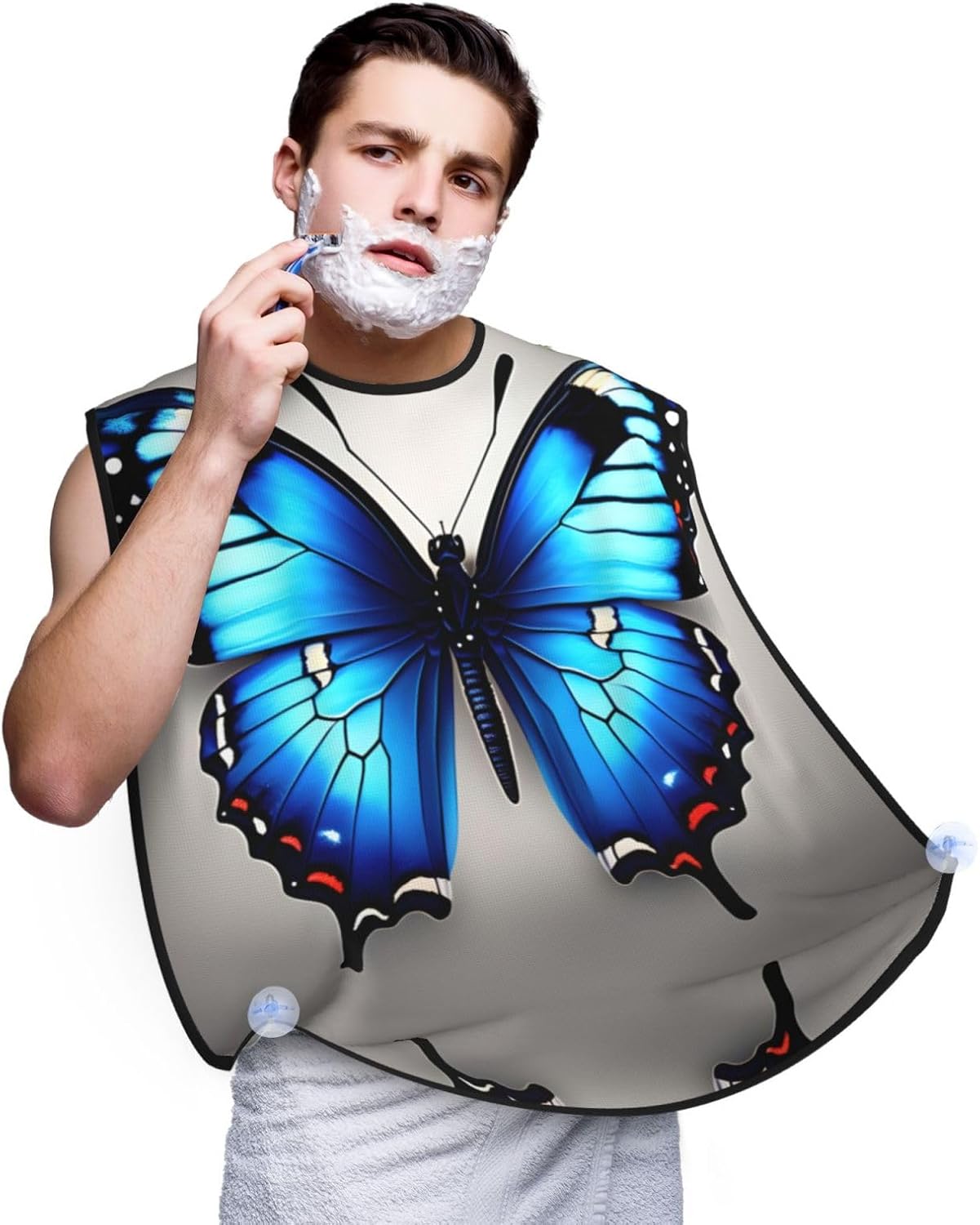Blue Butterfly Print Beard Bib Apron For Men, Beard Hair Catcher For Men Shaving Trimming,Beard Cape Cloth, Black