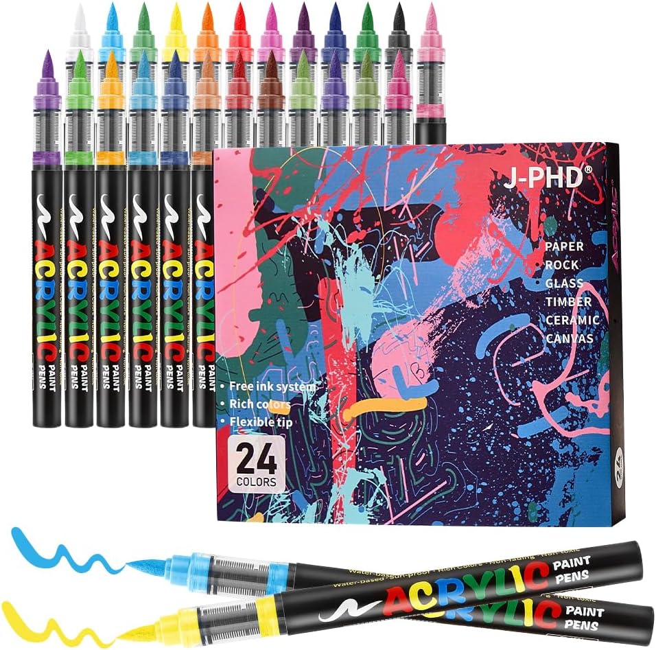 Acrylic Paint Markers | 24 Colors Brush Tip | Washable Coloring Marker | Drawing Pen on Paper, Wood, Canvas | Erasable on Glass | DIY Crafts Back-to-school Art Supplies