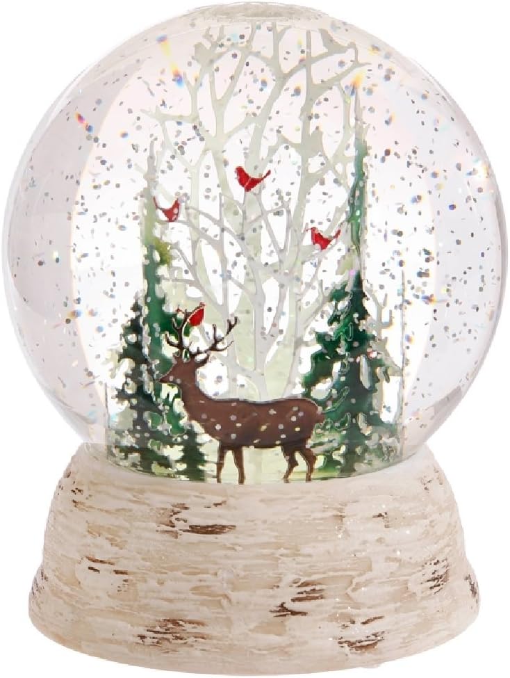 Raz Imports Deer and Cardinals in Winter Forest LED Lit Snow Globe Water Dome 6"