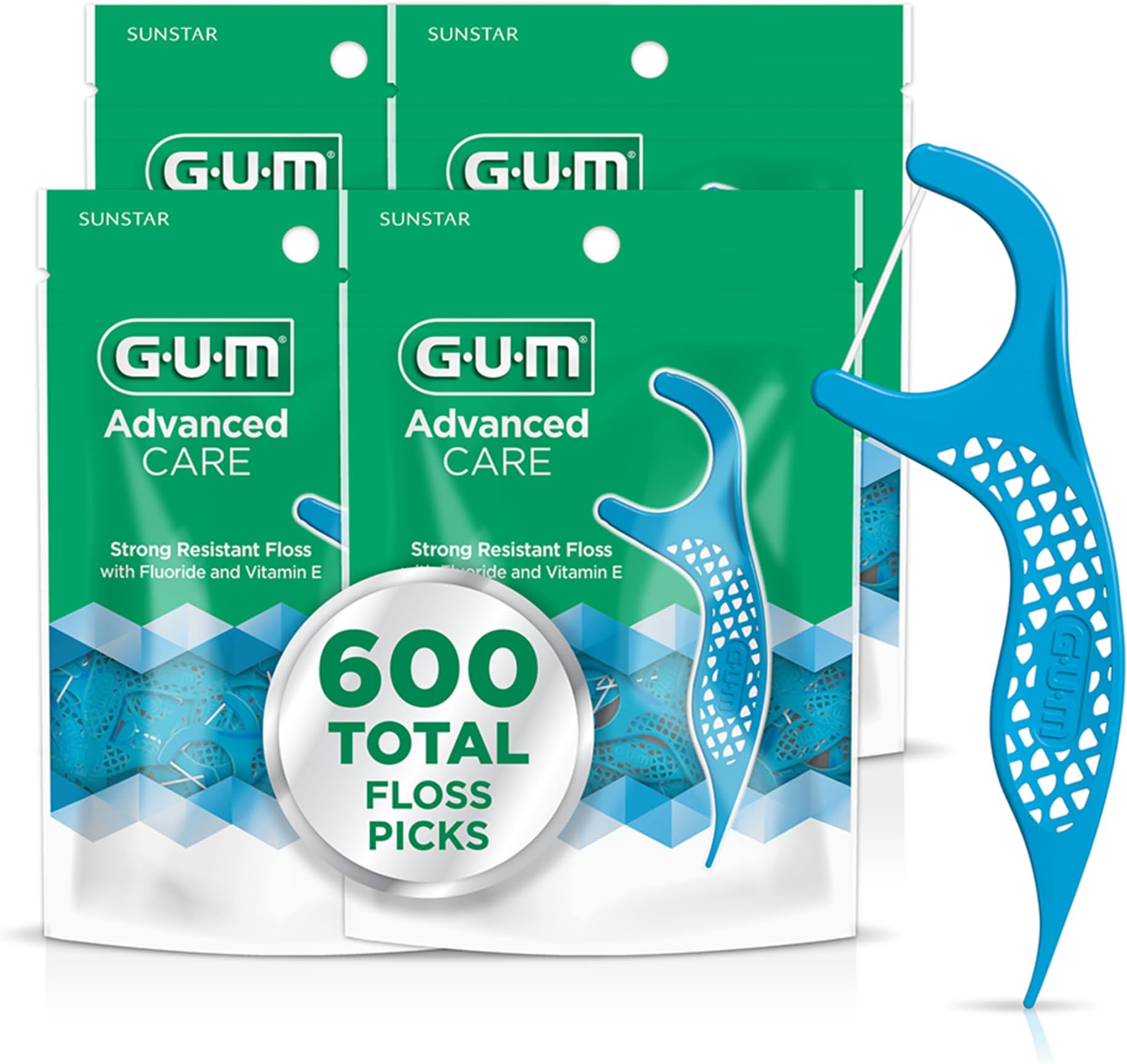 GUM - 888JC Advanced Care Flossers, Fresh Mint, Vitamin E & Fluoride, 150 Count (Pack of 4)