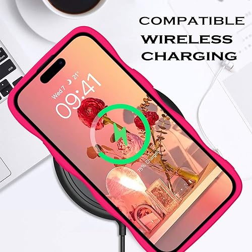 Miniatura 6 de YINLAI Funda diseñada para iPhone 15 Pro de 6.1 pulgadas, funda protectora de goma de gel de silicona suave color rosa neón, bonita forma de marco