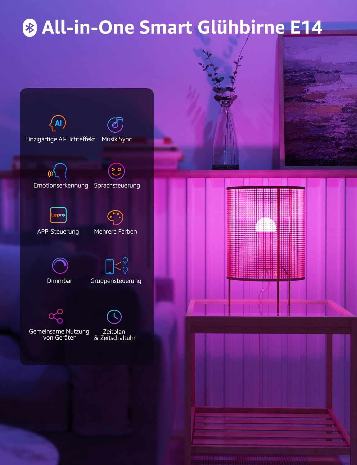 Lepro Smart E14 LED BP1 G45, Personalisierter KI-Lichtdesigner, 4.9W 470LM RGB+CCT, Dimmbar, Kompatibel mit Alexa/Google, Musik Sync, WiFi & Bluetooth, KI-Ambientebeleuchtung, 4er Pack